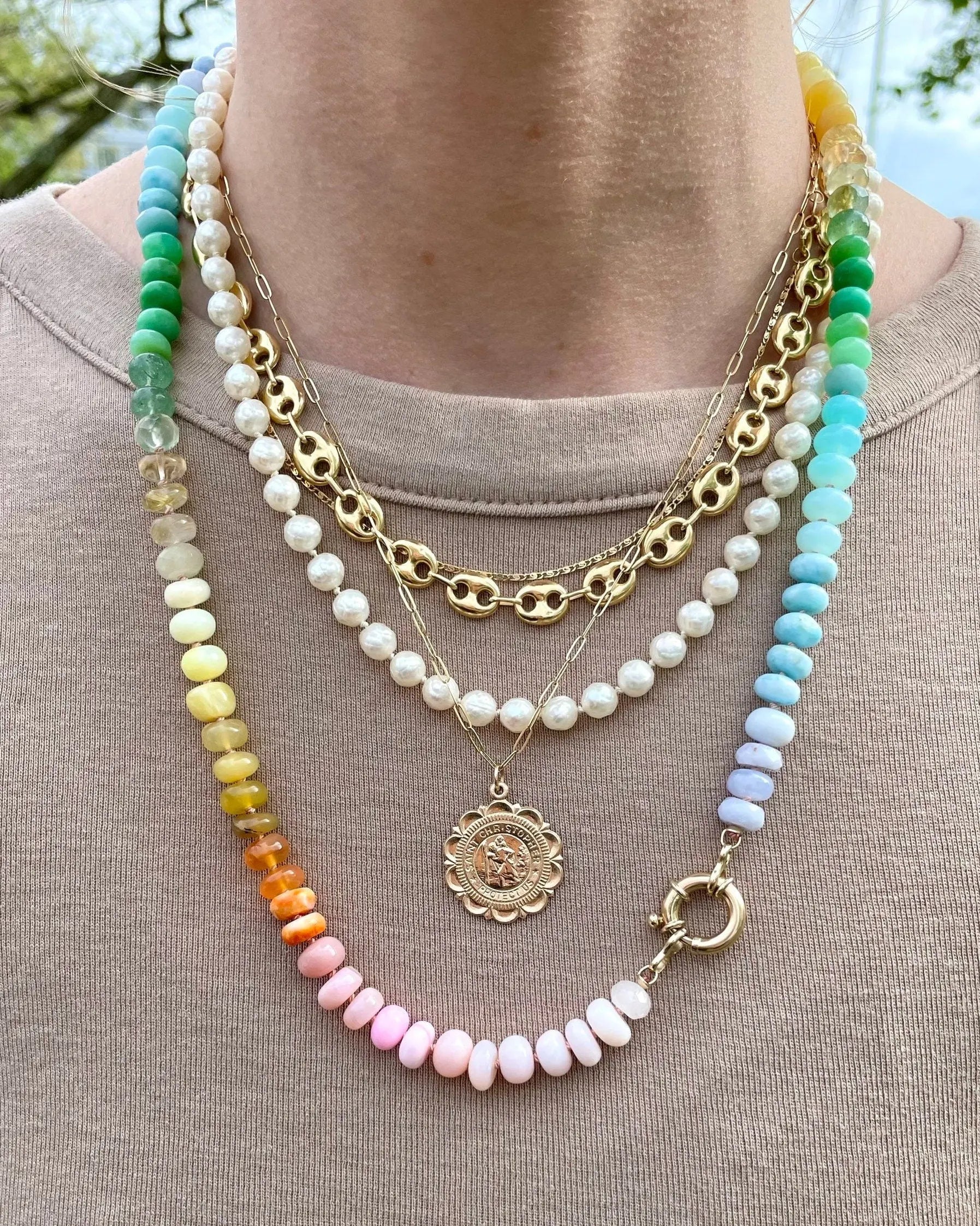 Rainbow Necklace Hand Knotted on Silk, 14k Gold Clasp Hannah May