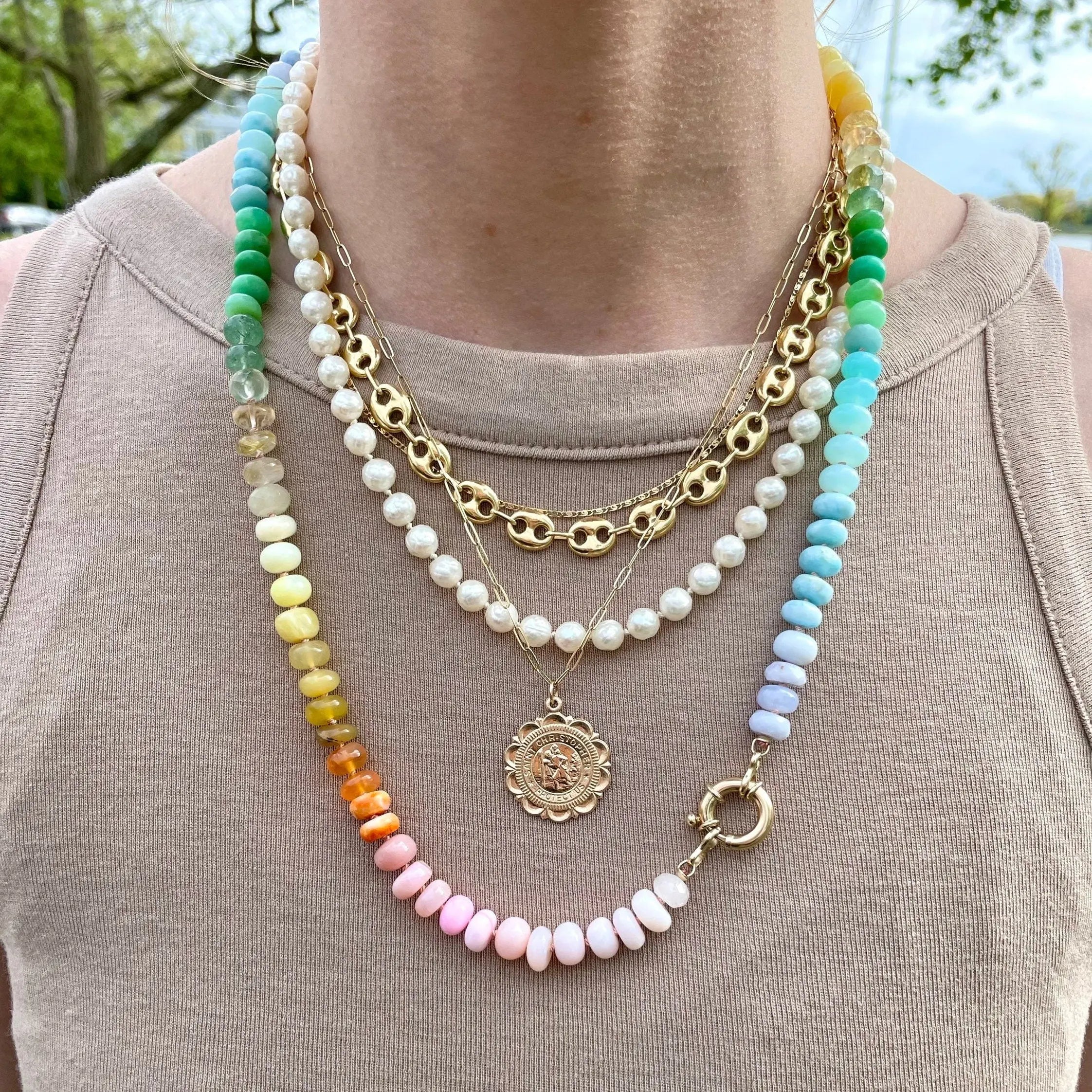 Rainbow Necklace Hand Knotted on Silk, 14k Gold Clasp Hannah May