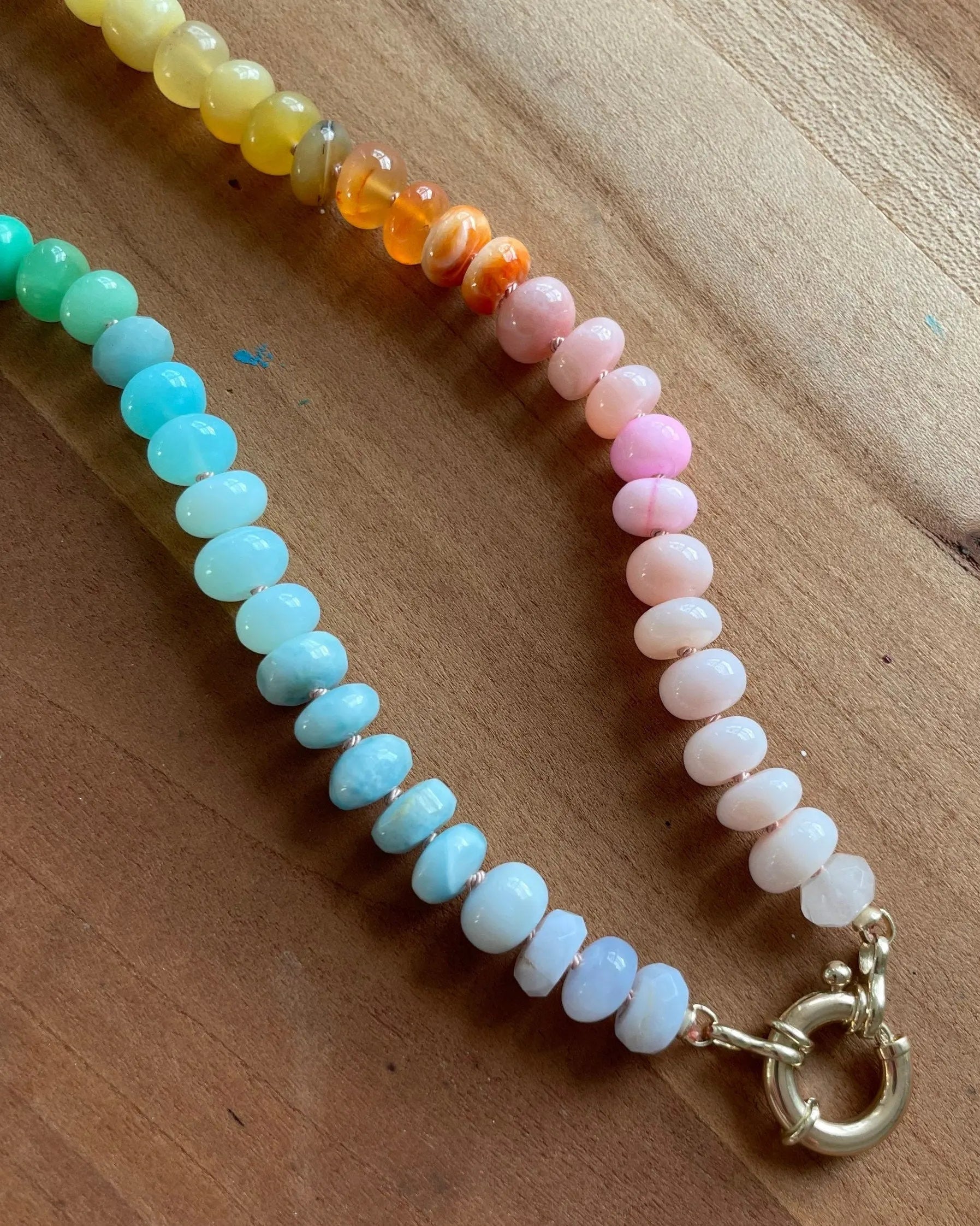 Rainbow Necklace Hand Knotted on Silk, 14k Gold Clasp Hannah May