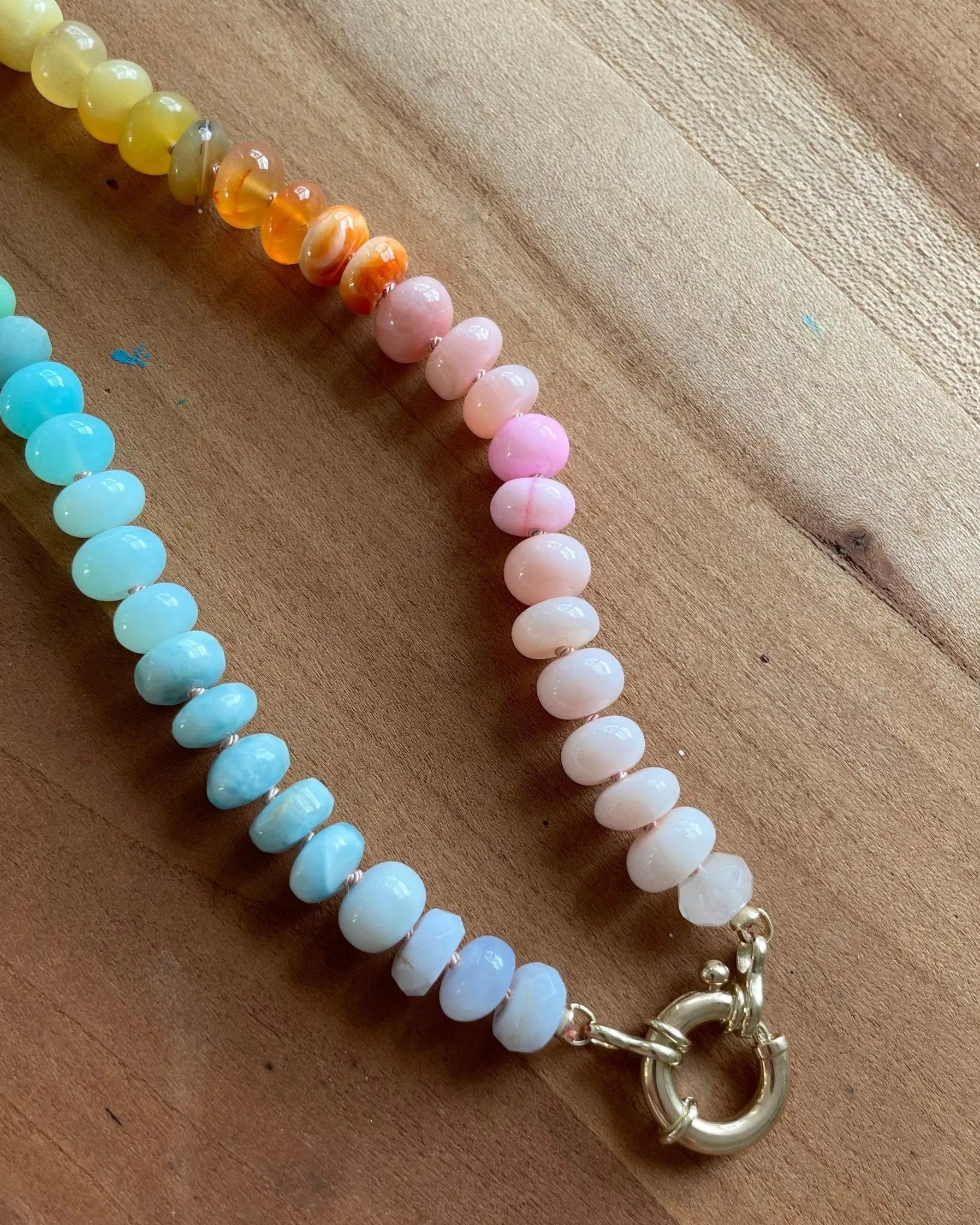 Rainbow Necklace Hand Knotted on Silk, 14k Gold Clasp Hannah May