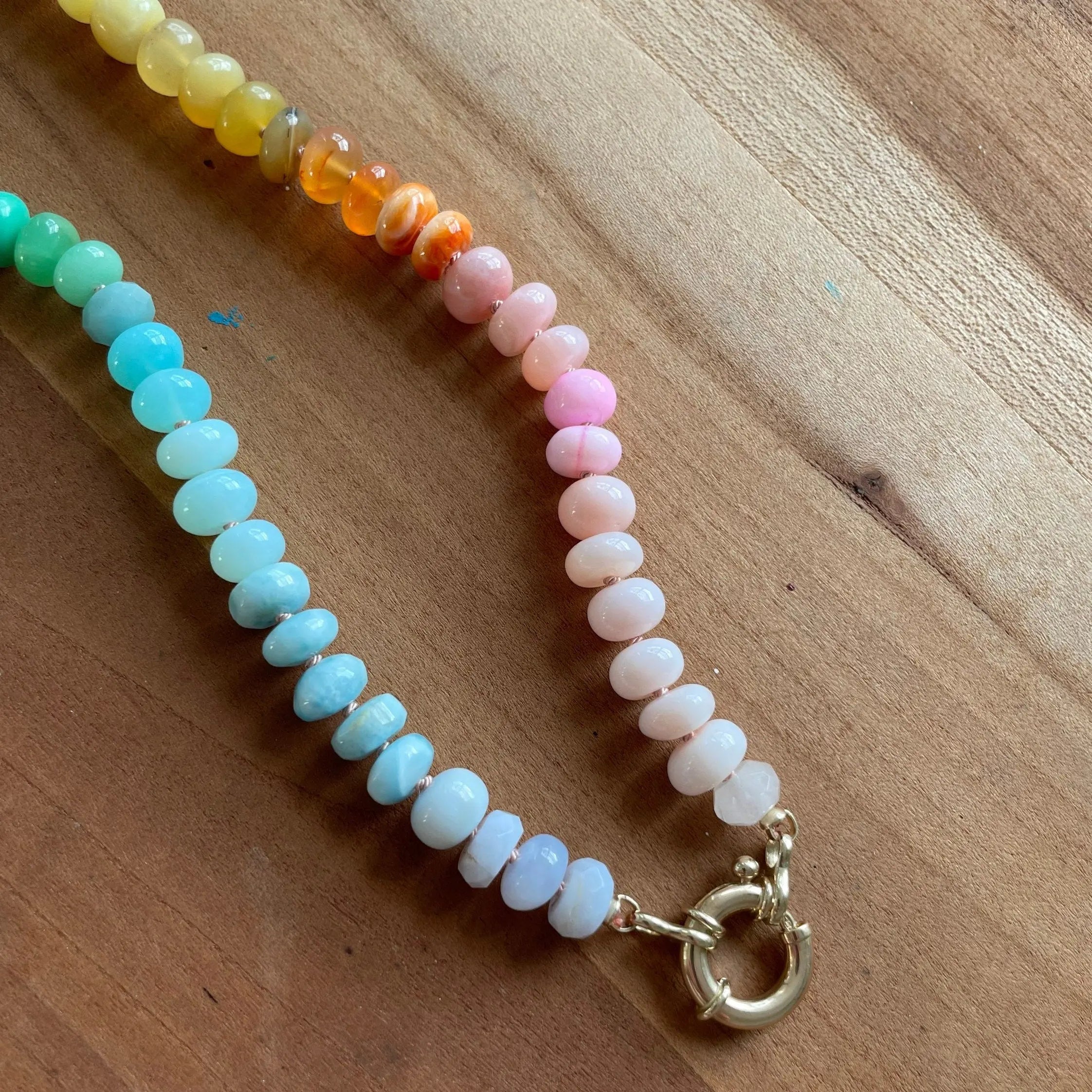 Rainbow Necklace Hand Knotted on Silk, 14k Gold Clasp Hannah May