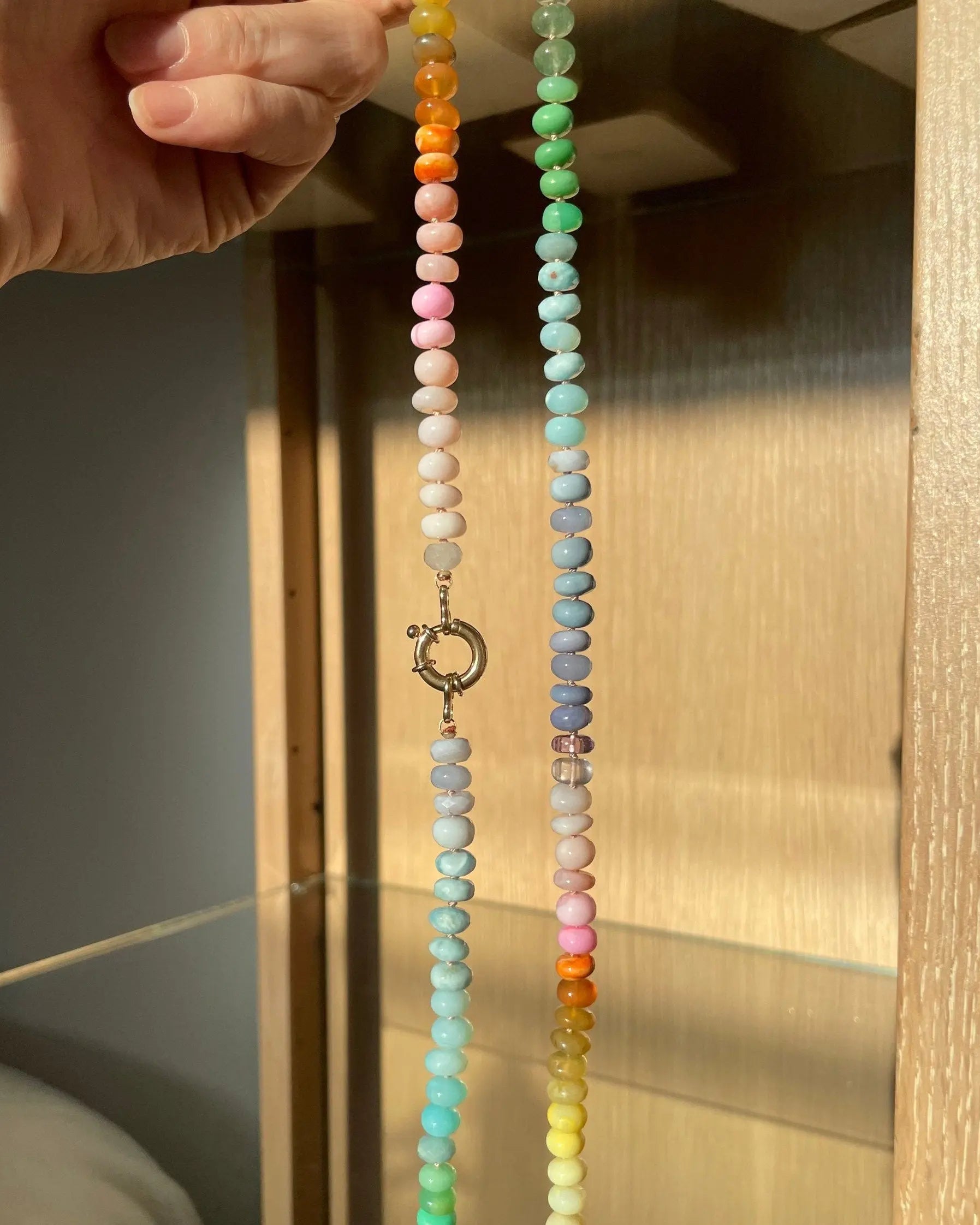 Rainbow Necklace Hand Knotted on Silk, 14k Gold Clasp Hannah May