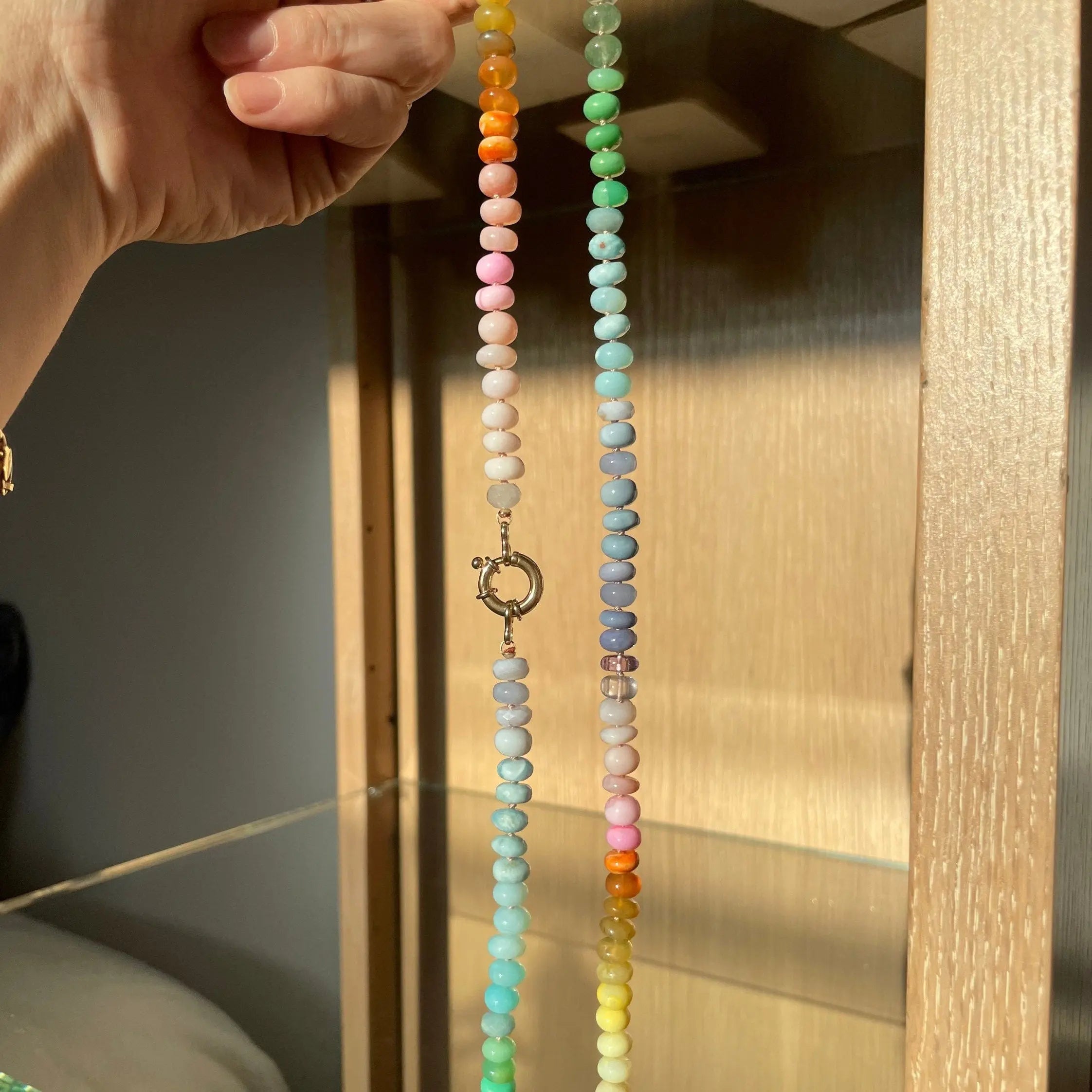 Rainbow Necklace Hand Knotted on Silk, 14k Gold Clasp Hannah May