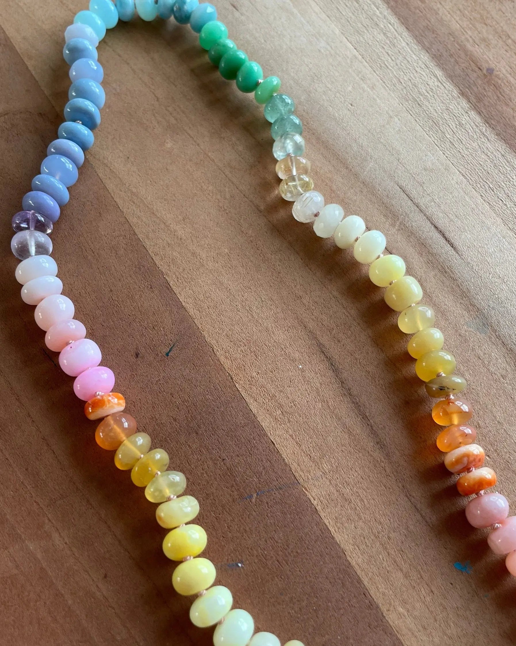 Rainbow Necklace Hand Knotted on Silk, 14k Gold Clasp Hannah May