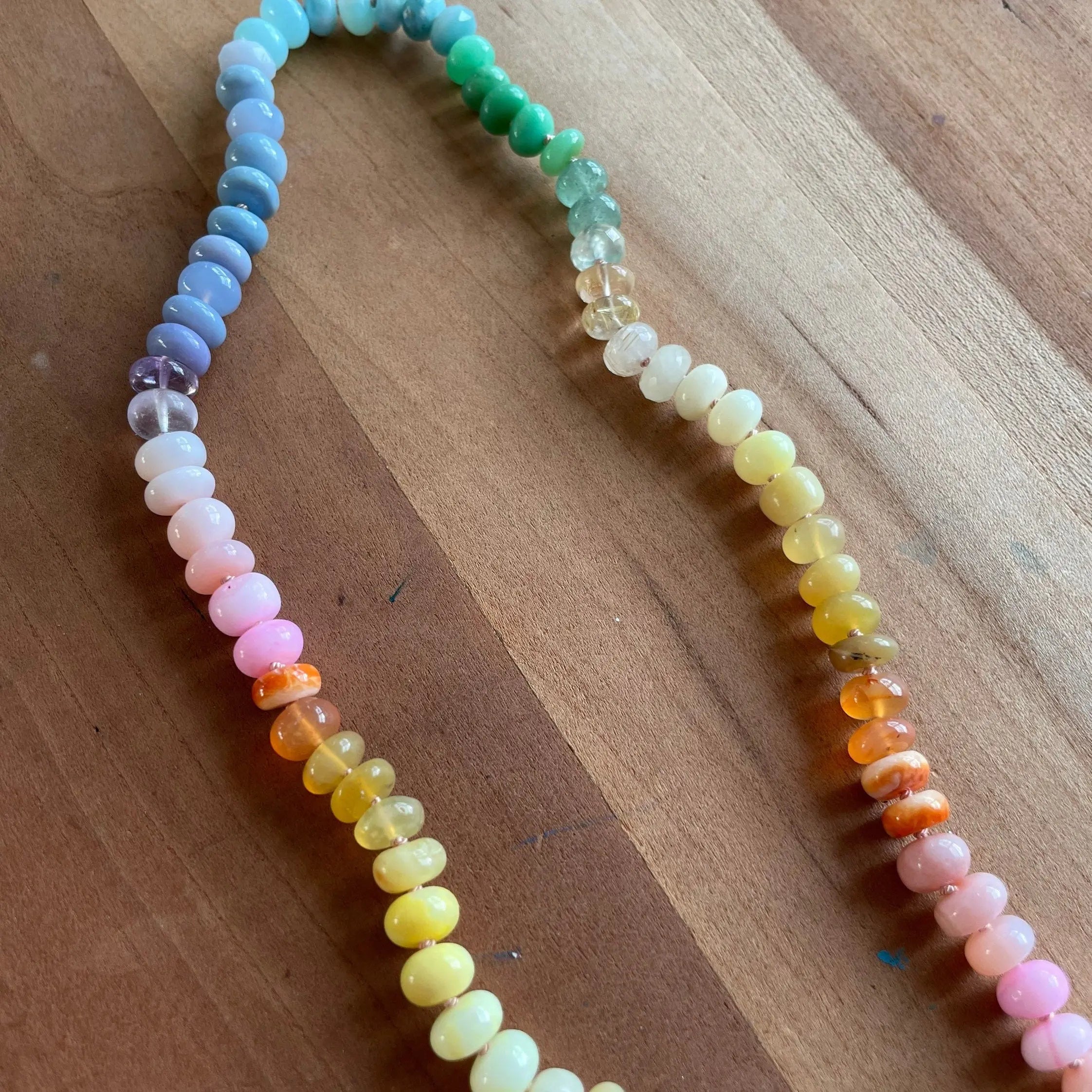 Rainbow Necklace Hand Knotted on Silk, 14k Gold Clasp Hannah May