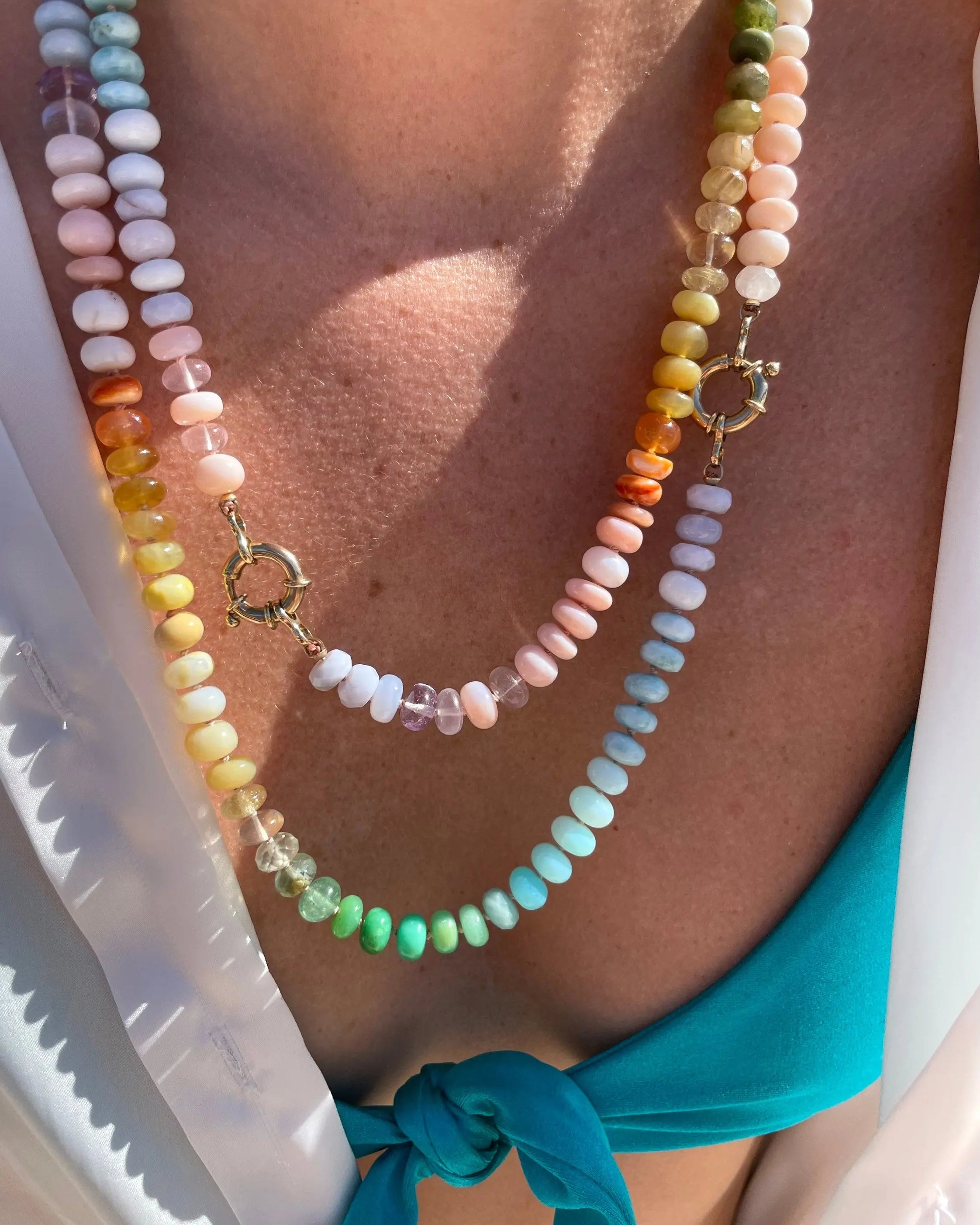 Rainbow Necklace Hand Knotted on Silk, 14k Gold Clasp Hannah May