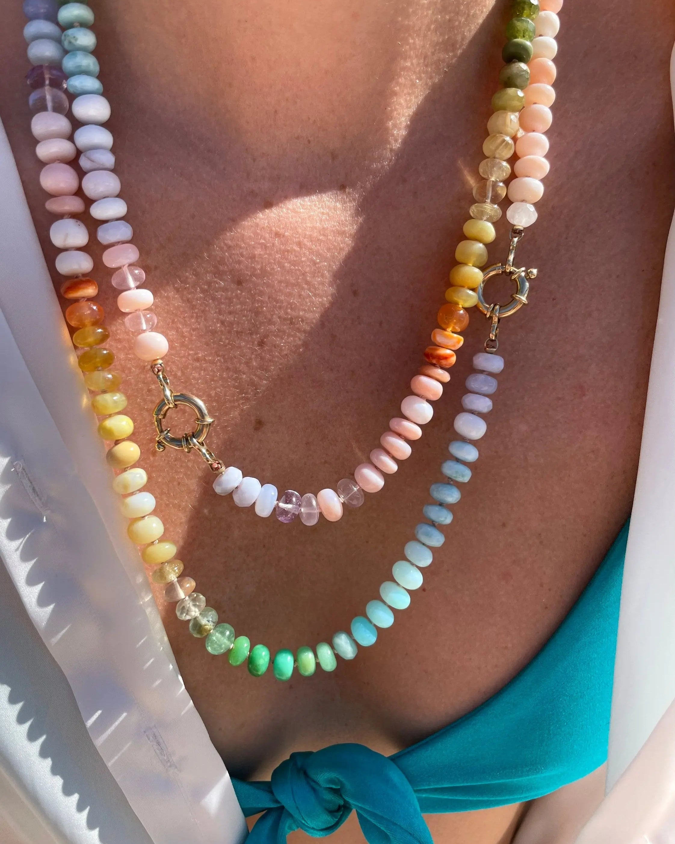 Rainbow Necklace Hand Knotted on Silk, 14k Gold Clasp Hannah May