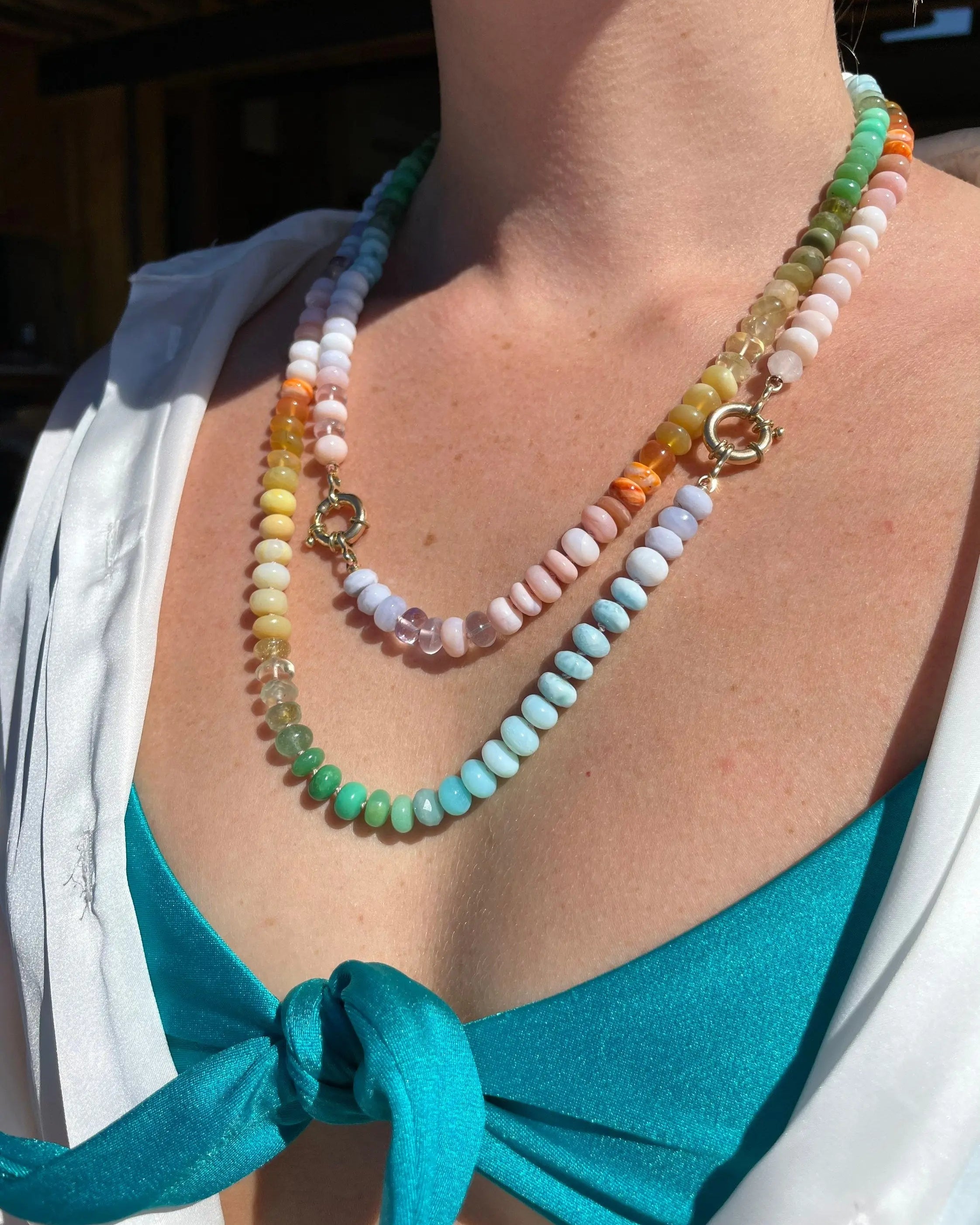 Rainbow Necklace Hand Knotted on Silk, 14k Gold Clasp Hannah May