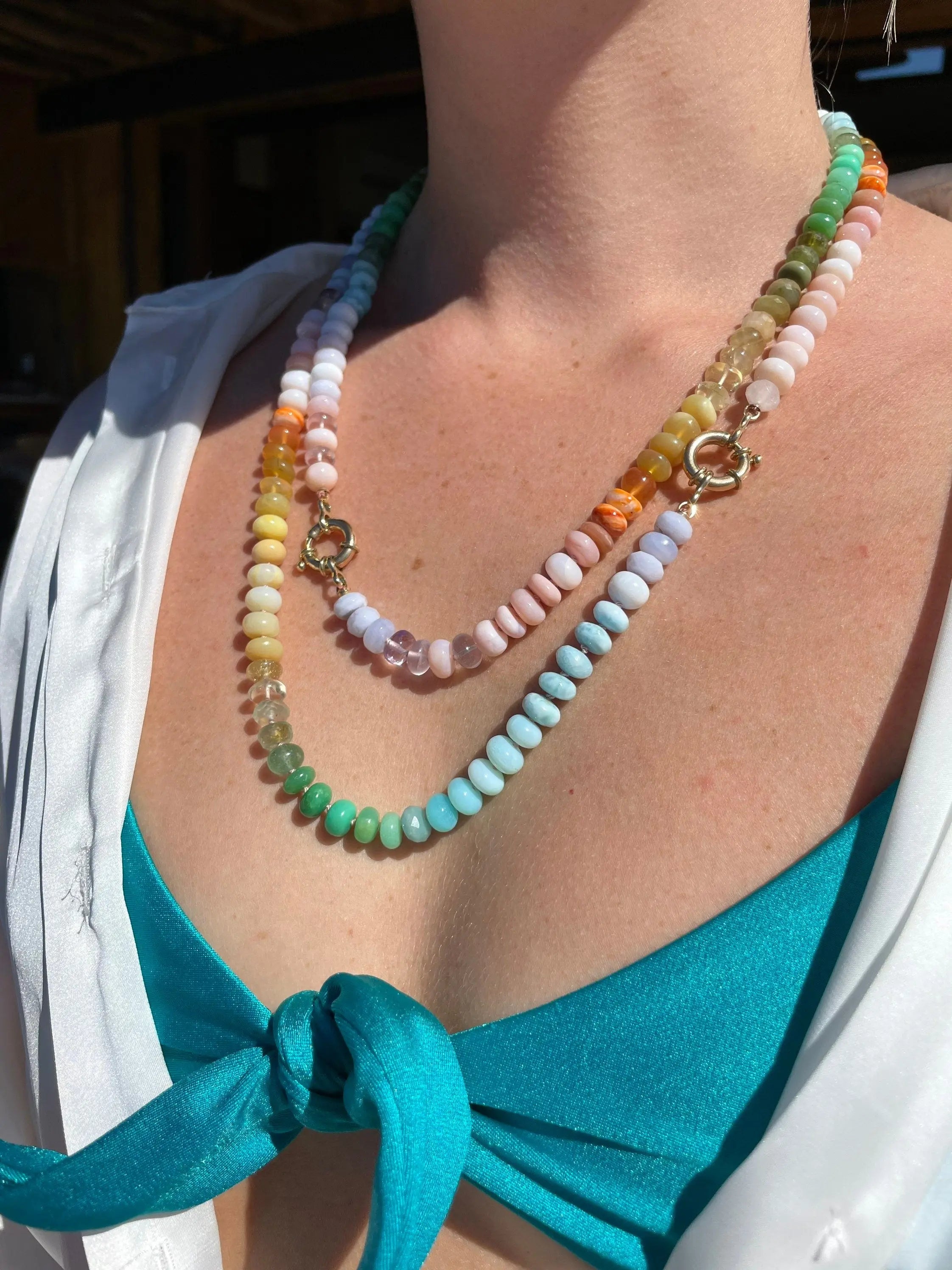 Rainbow Necklace Hand Knotted on Silk, 14k Gold Clasp Hannah May