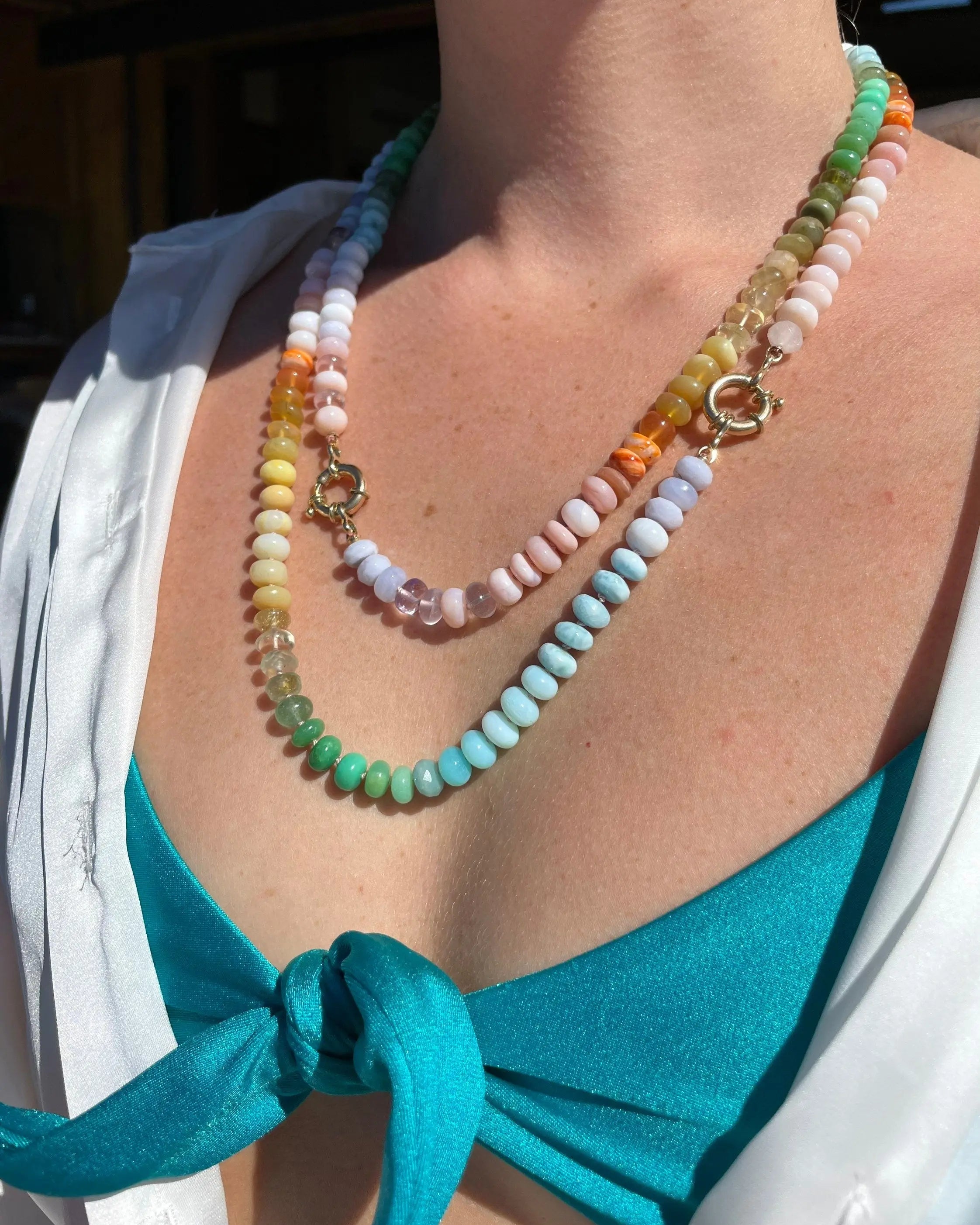 Rainbow Necklace Hand Knotted on Silk, 14k Gold Clasp Hannah May