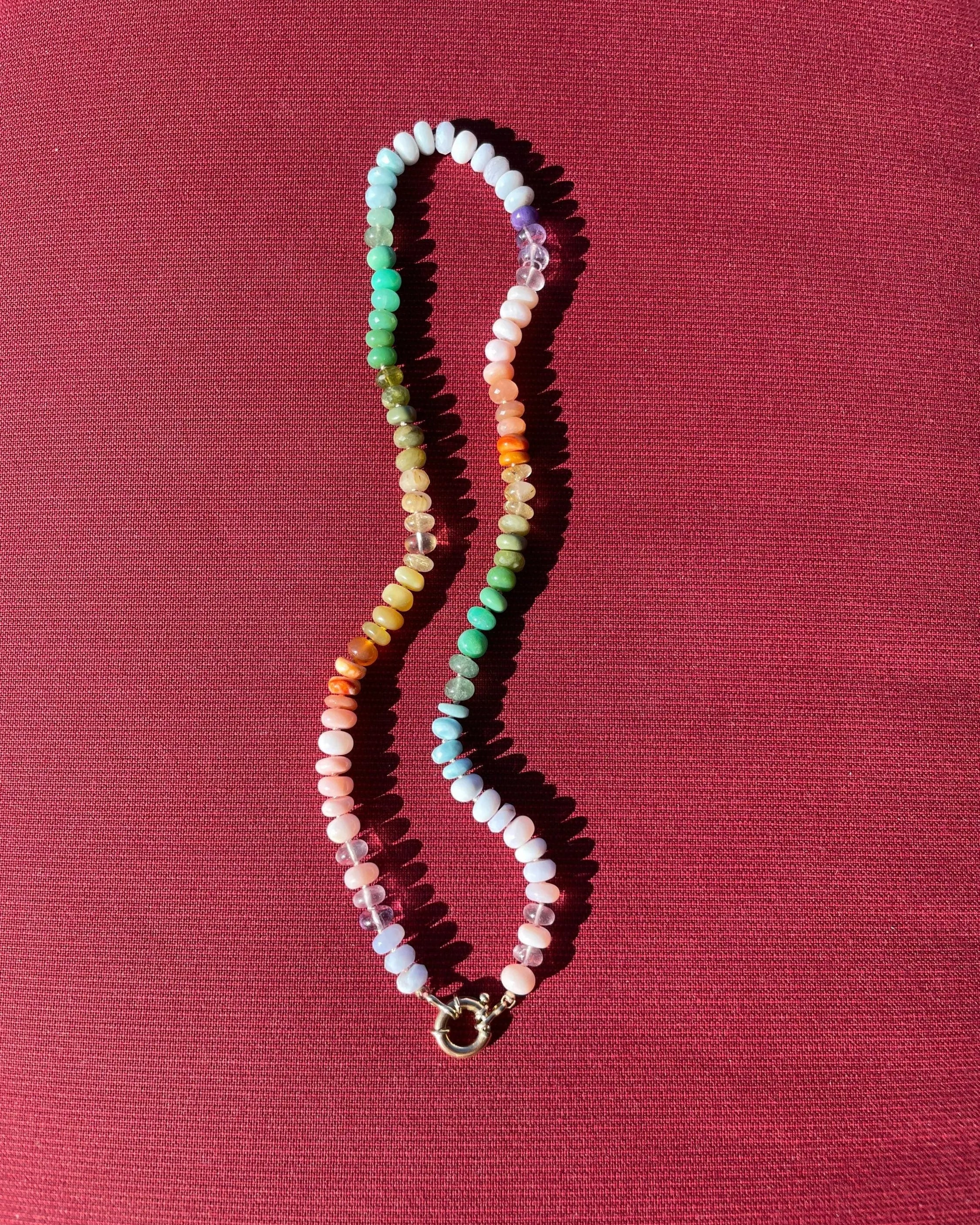 Rainbow Necklace Hand Knotted on Silk, 14k Gold Clasp Hannah May