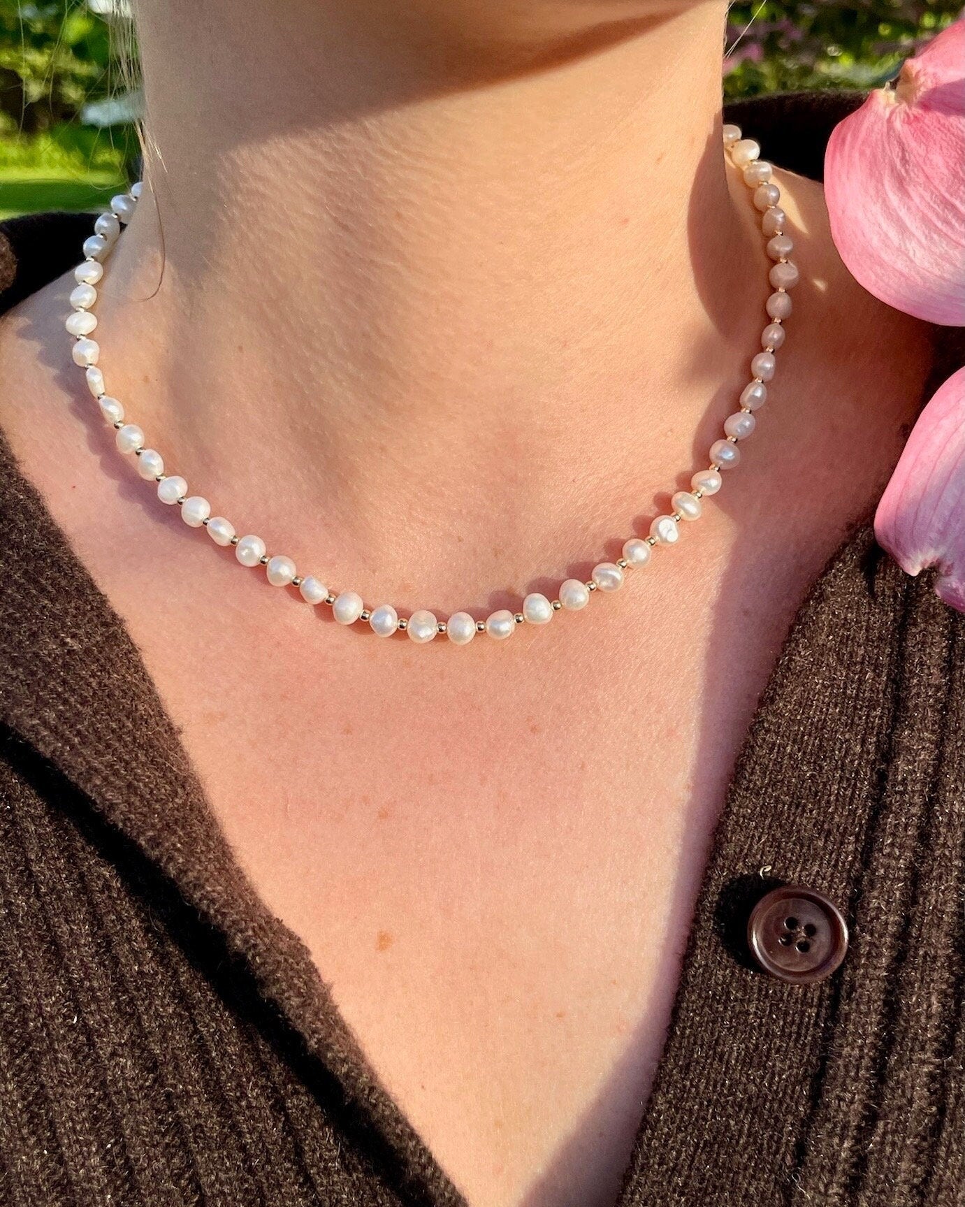 Pearl and Gold Beaded Necklace by Hannah May Jewelry