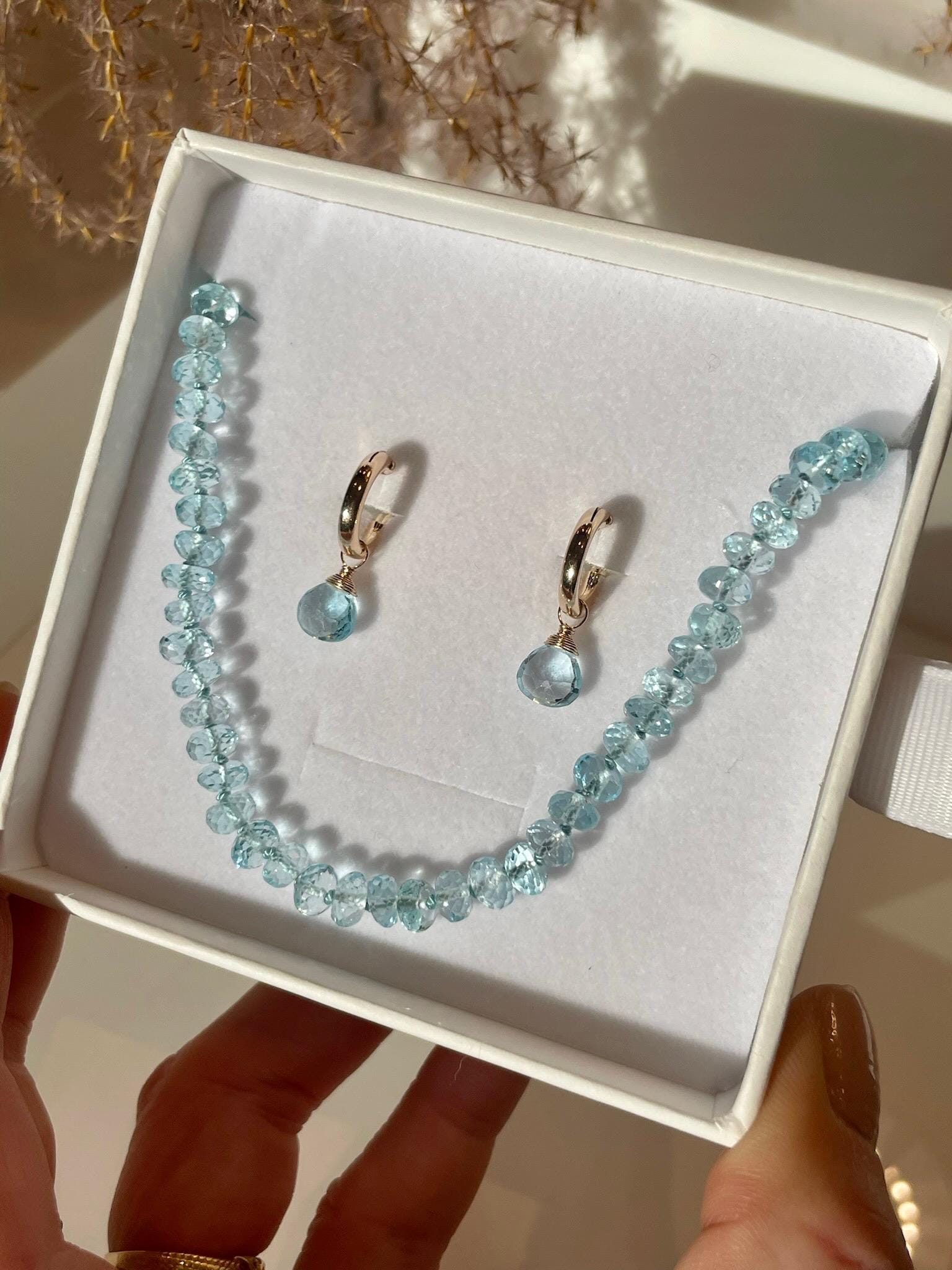 Sky Blue Topaz Huggie Hoop Earrings – December Birthstone, 14k Gold-Filled or Sterling Silver, 12mm Hannah May Jewelry