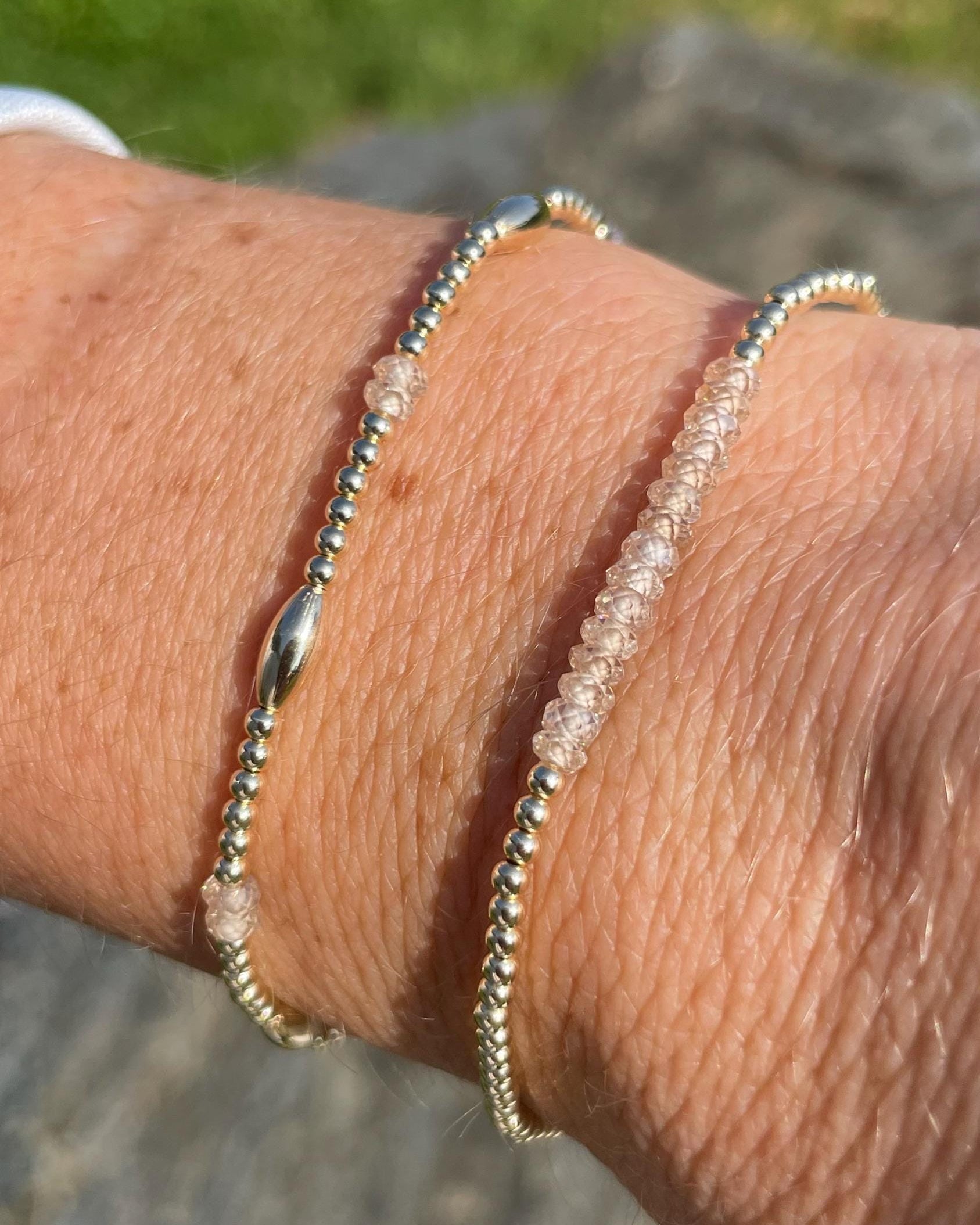 Gold Beaded Bar Bracelet with Natural Zircon by Hannah May Jewelry