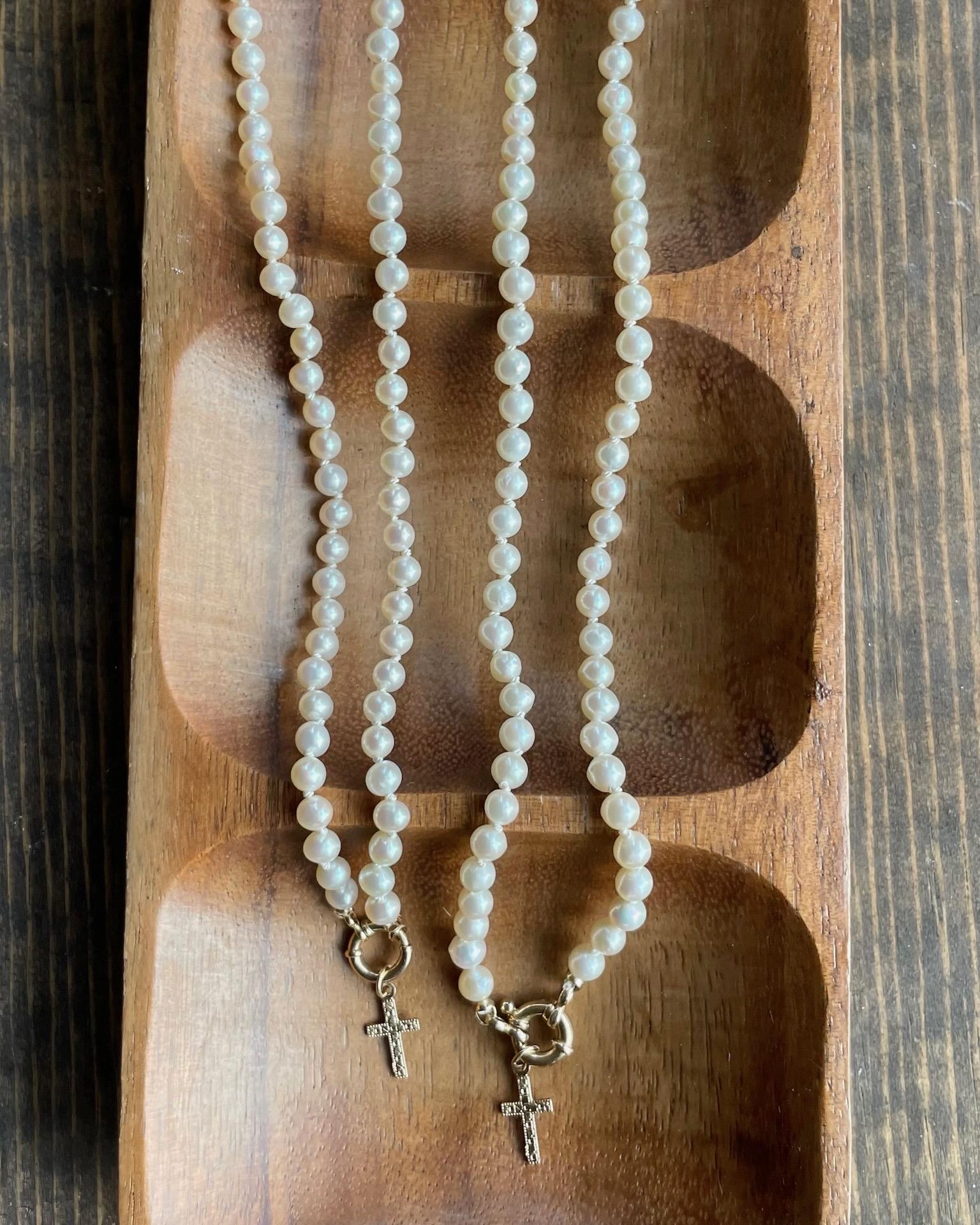 Pearl Silk Knotted Necklace, 14k Gold Bolt Clasp Hannah May Jewelry