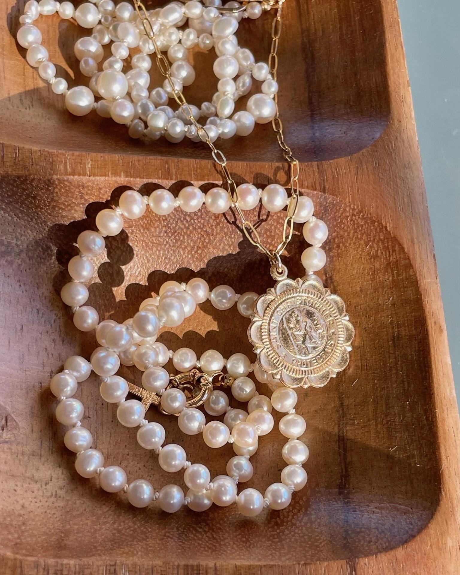 Pearl Silk Knotted Necklace, 14k Gold Bolt Clasp Hannah May Jewelry