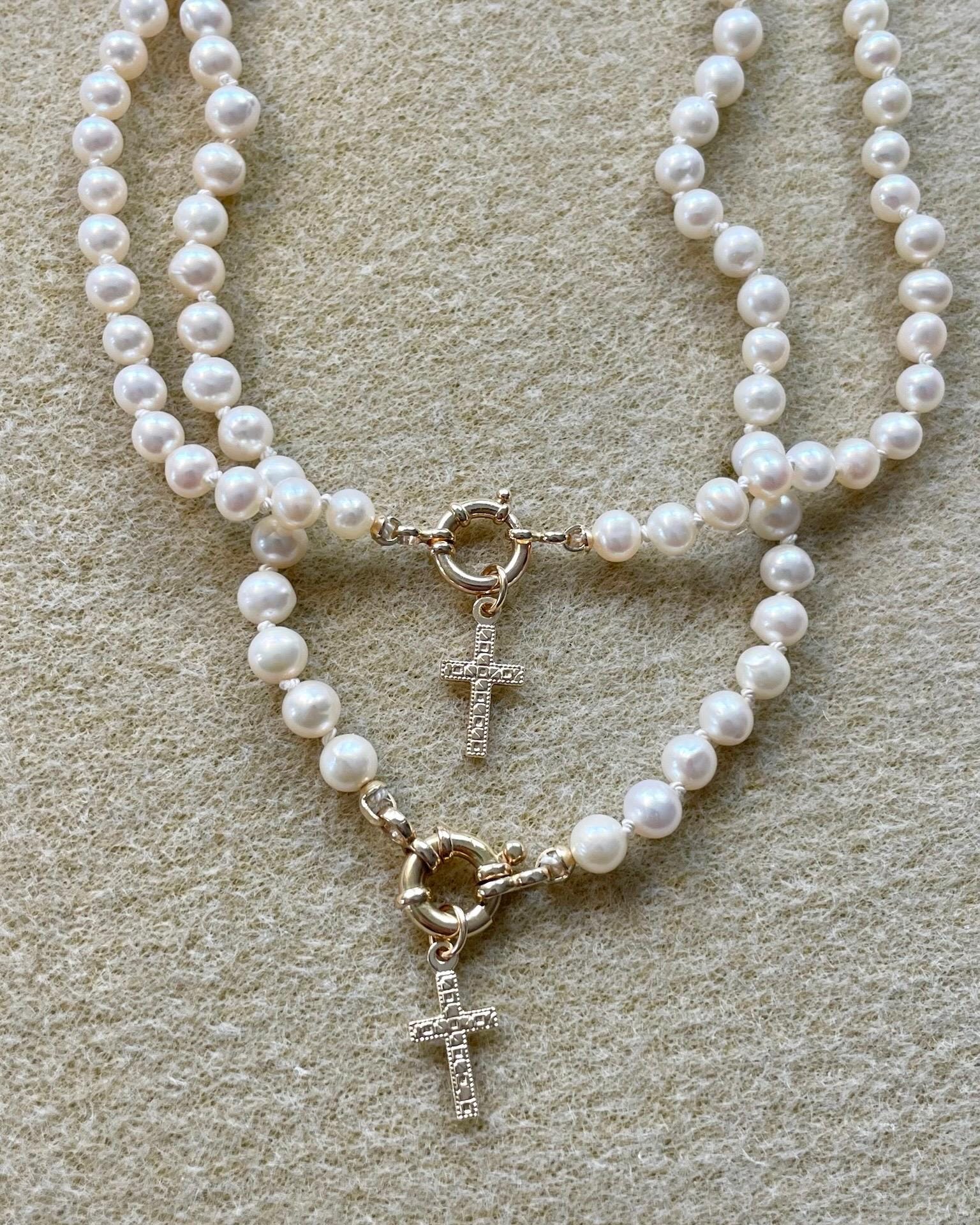 Pearl Silk Knotted Necklace, 14k Gold Bolt Clasp Hannah May Jewelry