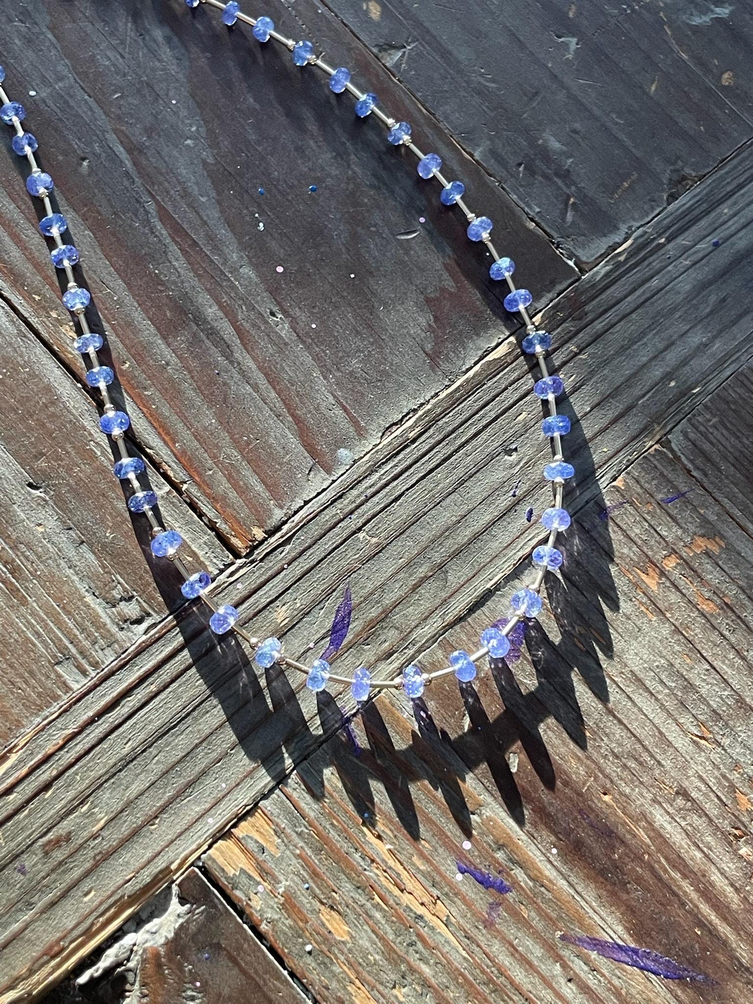 Tanzanite and Gold Bar Beaded Necklace Hannah May Jewelry