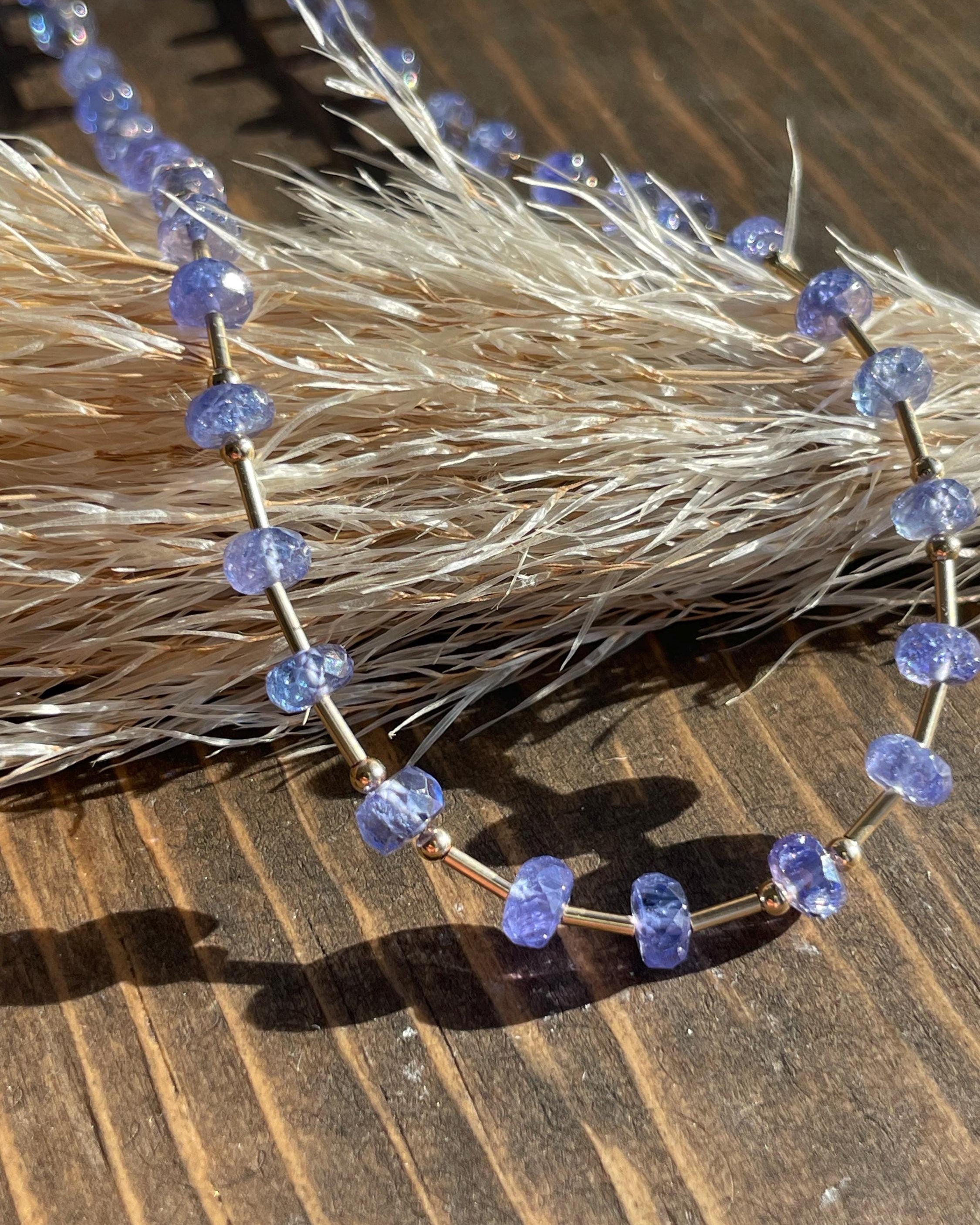 Tanzanite and Gold Bar Beaded Necklace Hannah May Jewelry