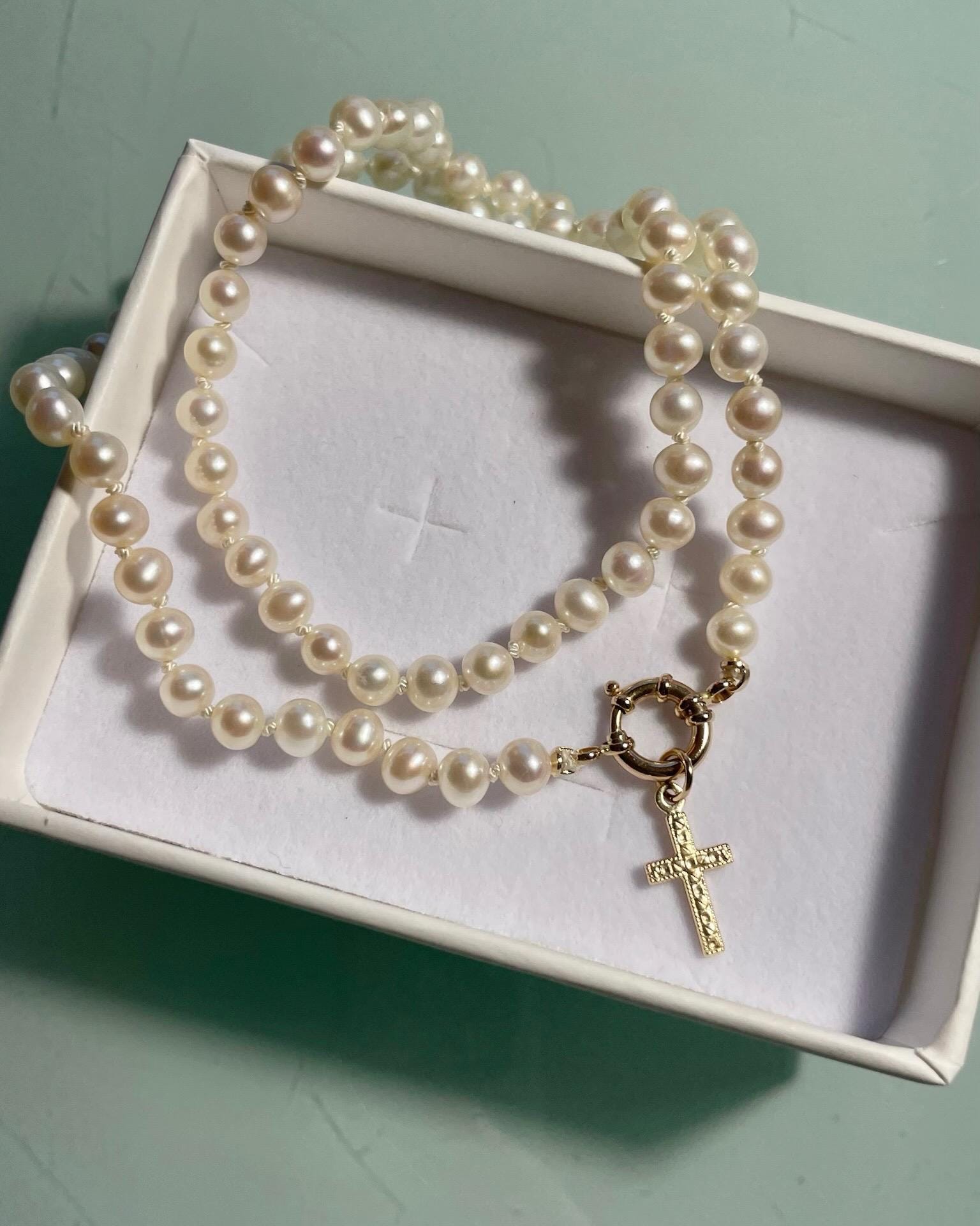 Pearl Silk Knotted Necklace, 14k Gold Bolt Clasp Hannah May Jewelry