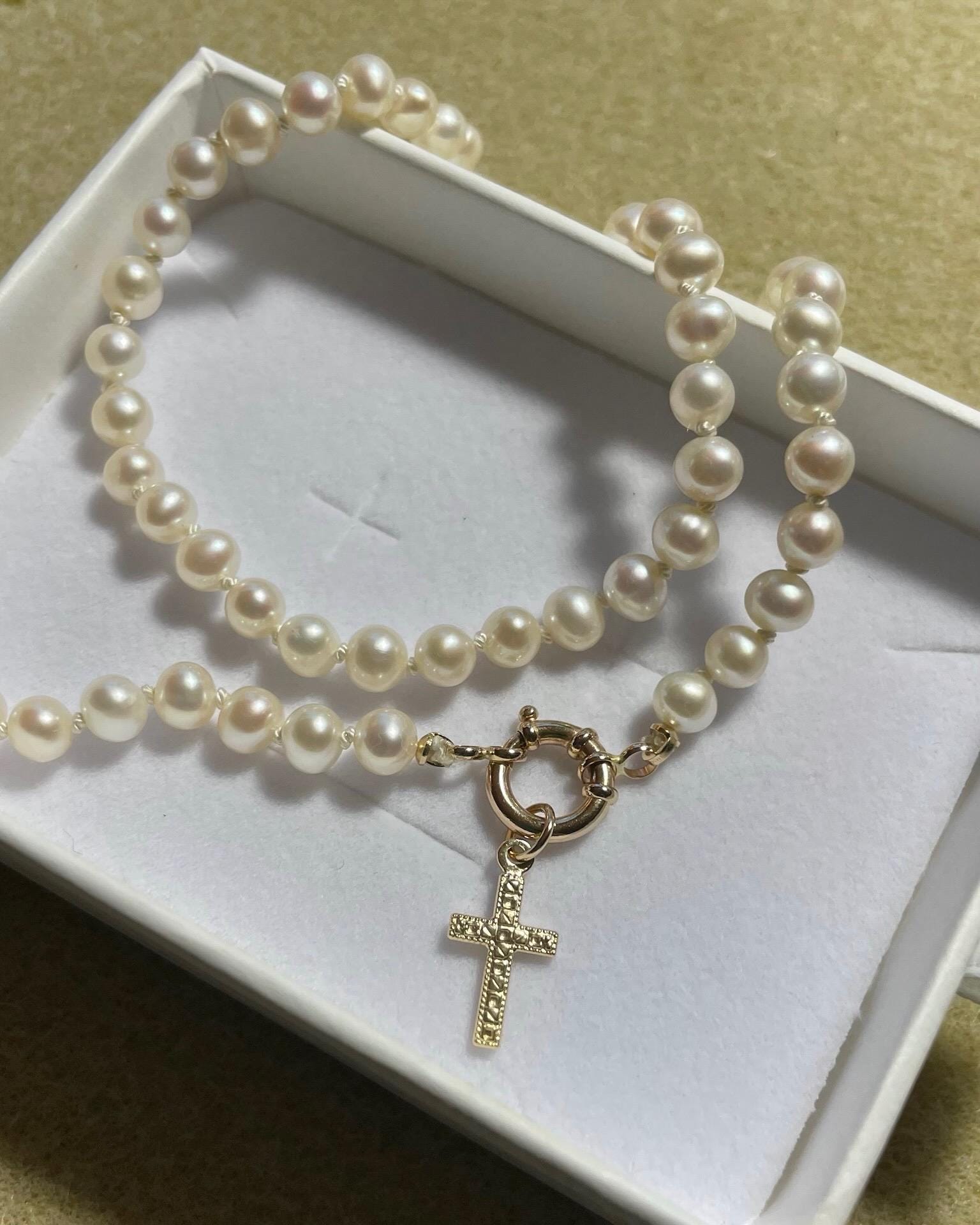 Pearl Silk Knotted Necklace, 14k Gold Bolt Clasp Hannah May Jewelry