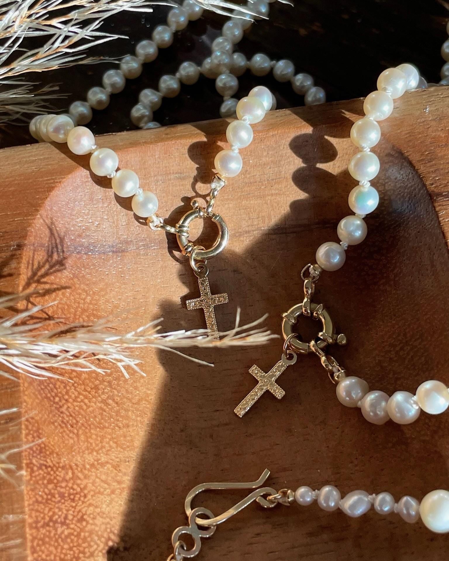 Pearl Silk Knotted Necklace, 14k Gold Bolt Clasp Hannah May Jewelry