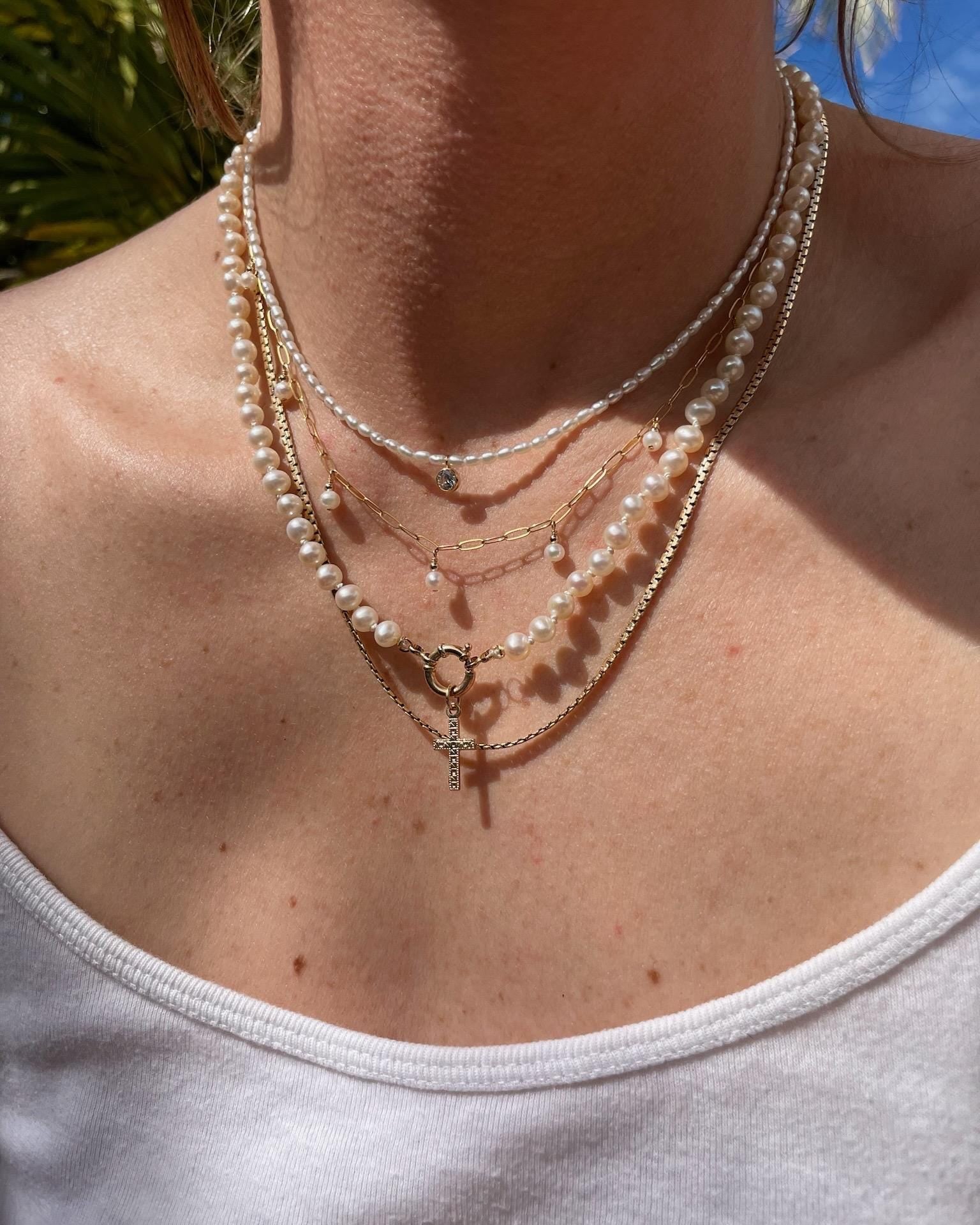 Pearl Silk Knotted Necklace, 14k Gold Bolt Clasp Hannah May Jewelry