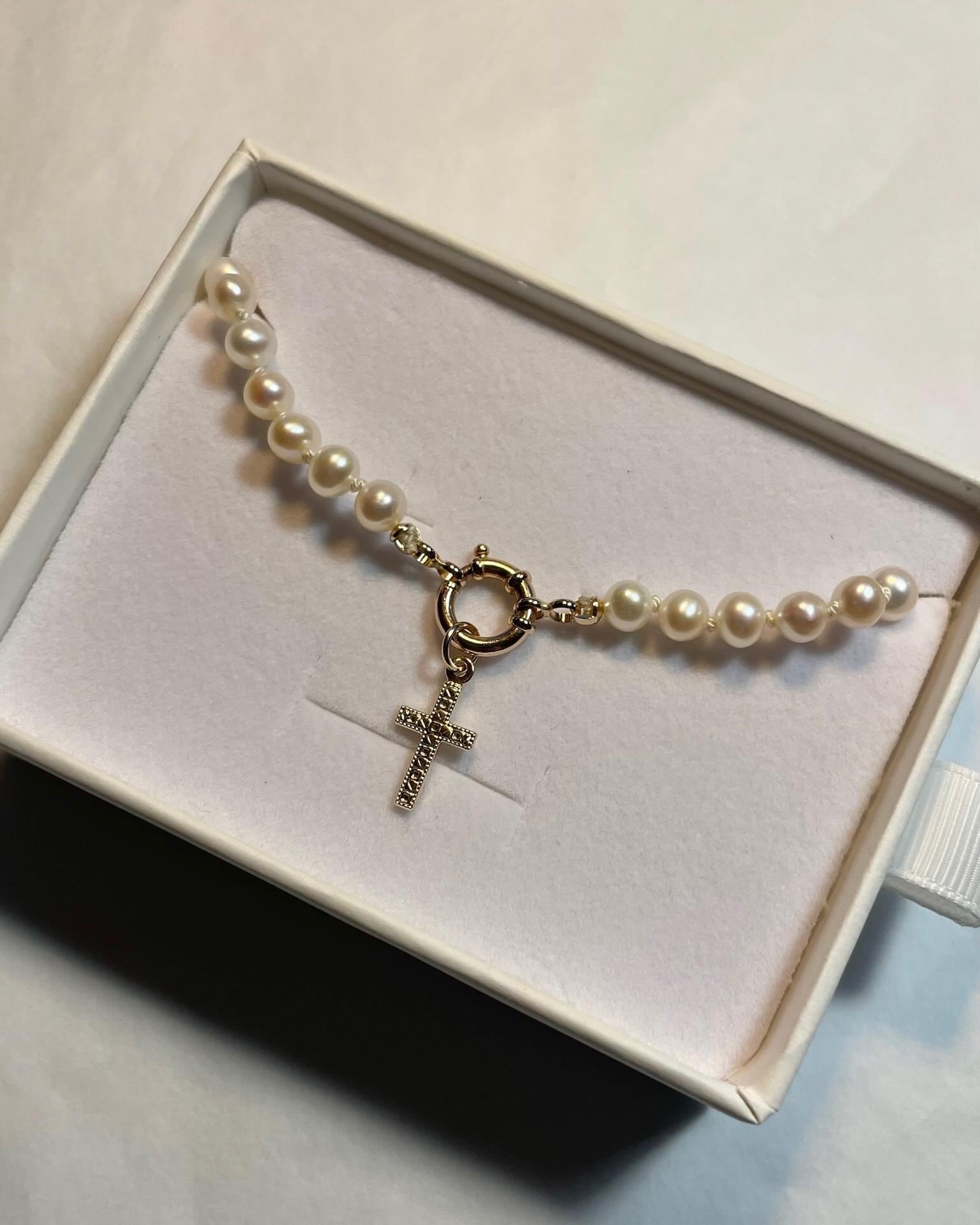 Pearl Silk Knotted Necklace, 14k Gold Bolt Clasp Hannah May Jewelry