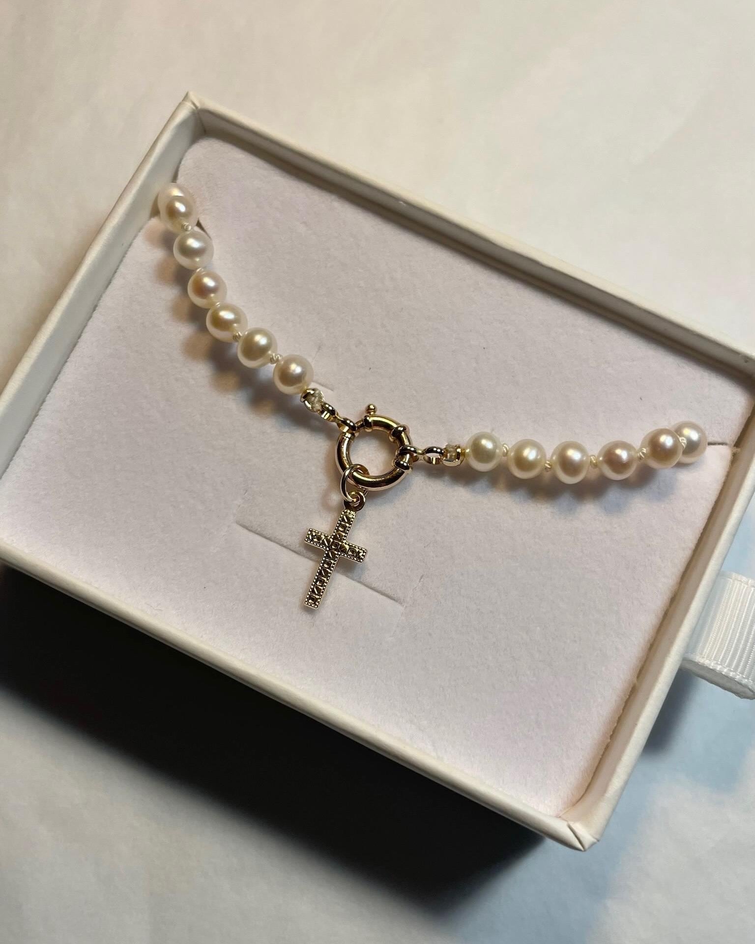 Pearl Silk Knotted Necklace with 14k Gold Clasp by Hannah May Jewelry
