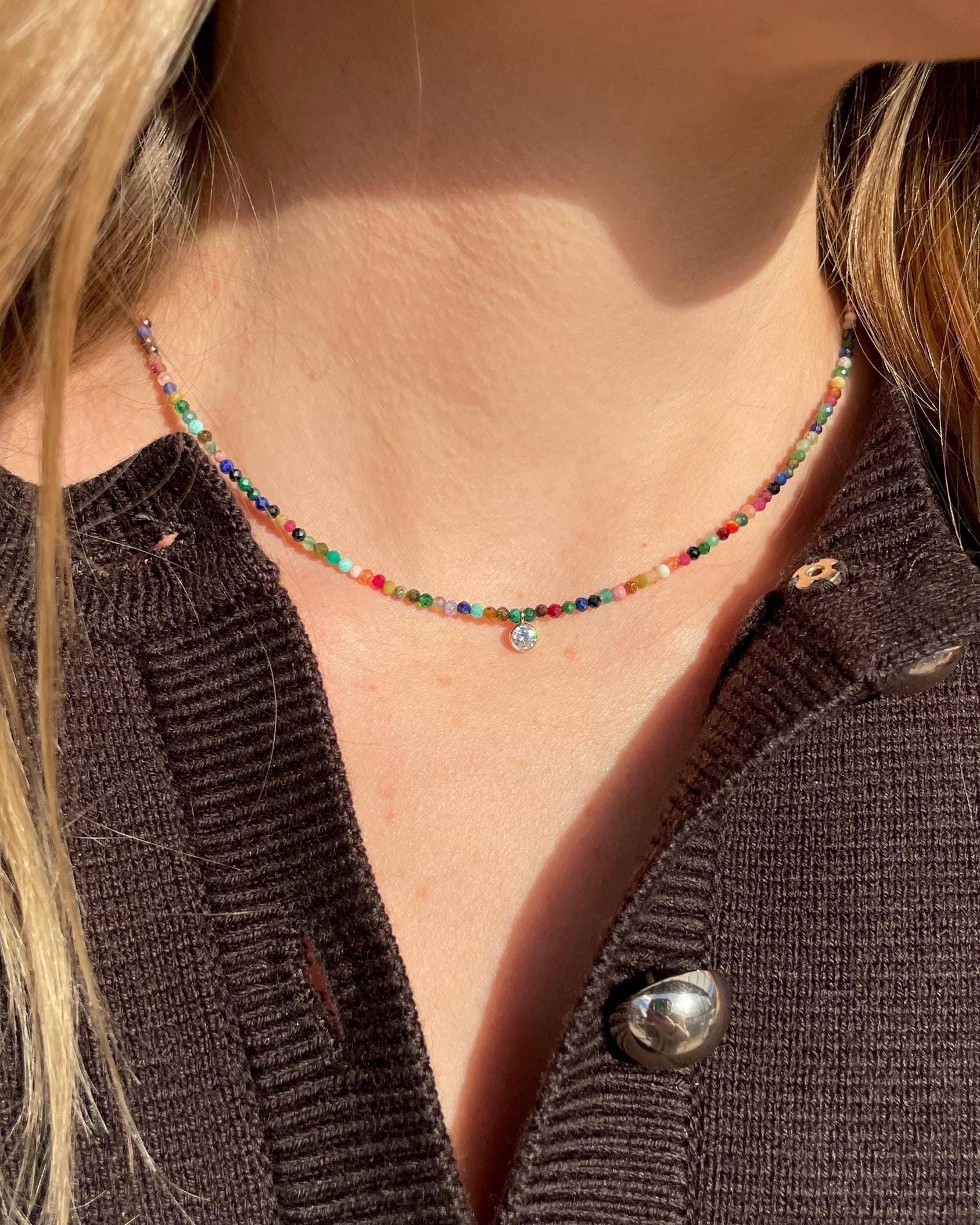 Beaded Gemstone Necklace with CZ Charm Hannah May Jewelry