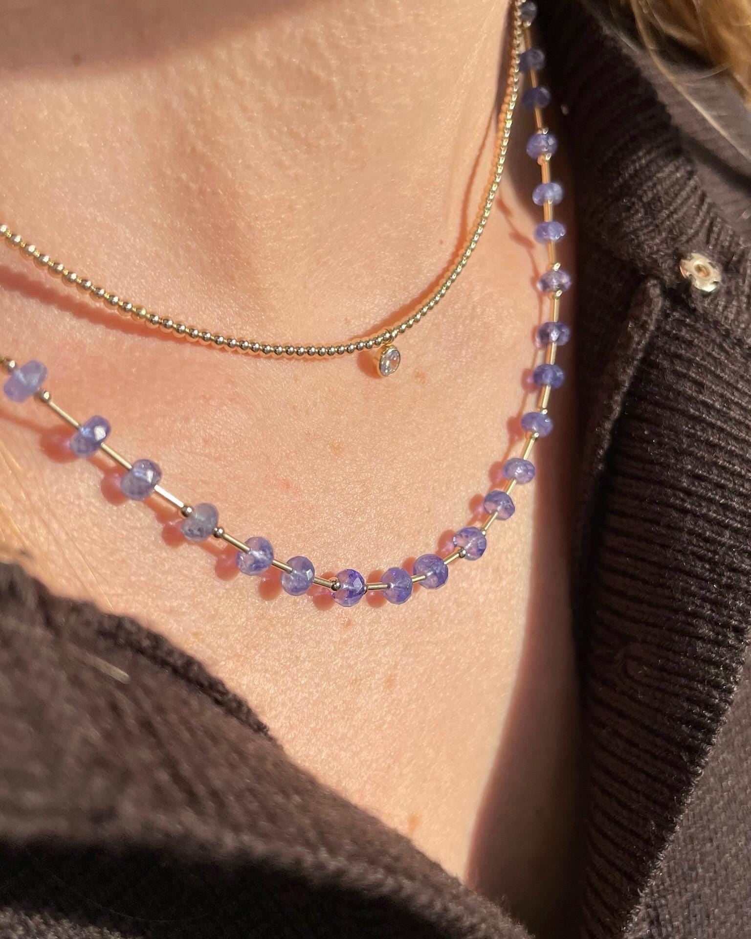 Tanzanite and Gold Bar Beaded Necklace Hannah May Jewelry