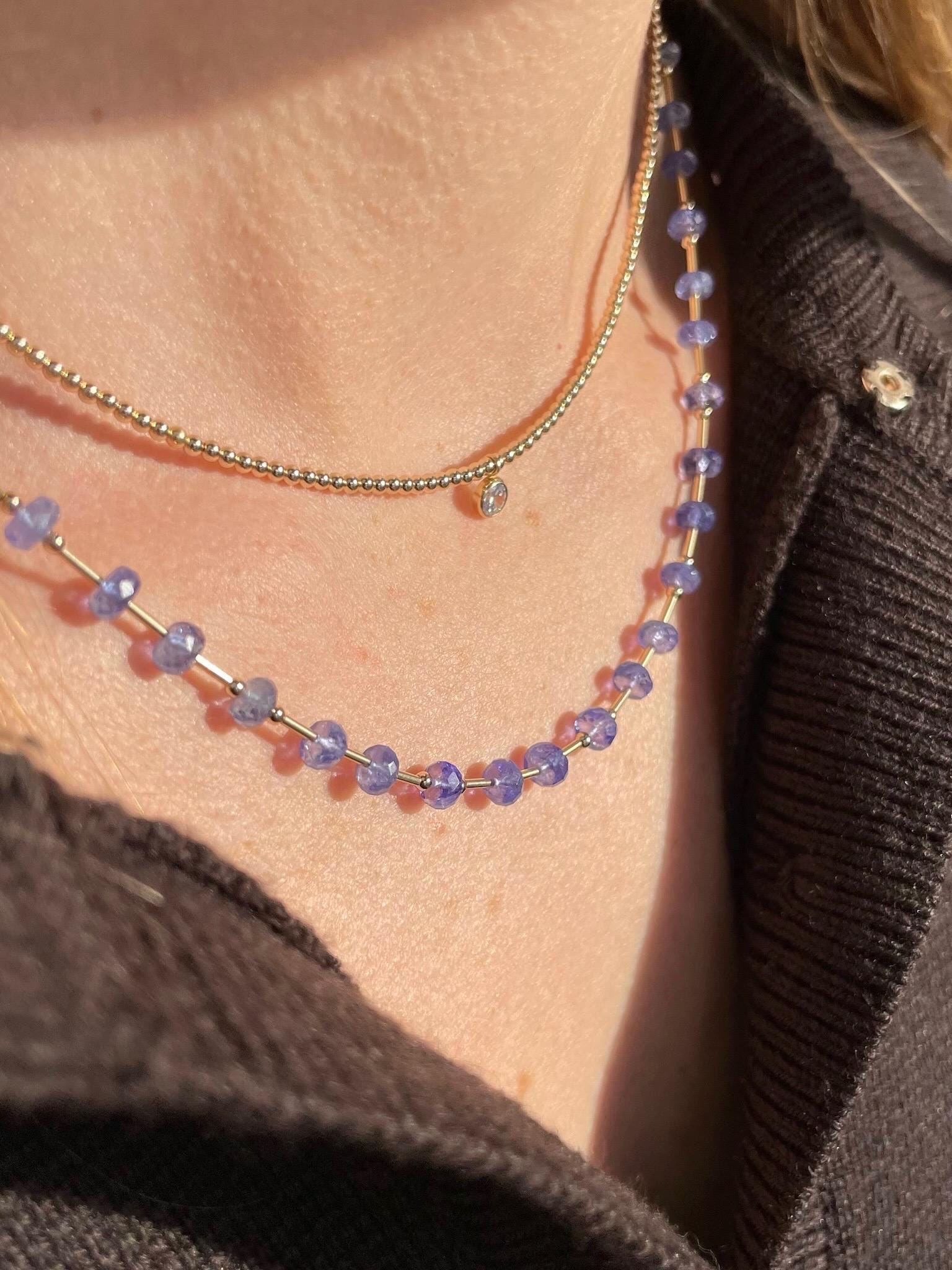 Tanzanite and Gold Bar Beaded Necklace Hannah May Jewelry