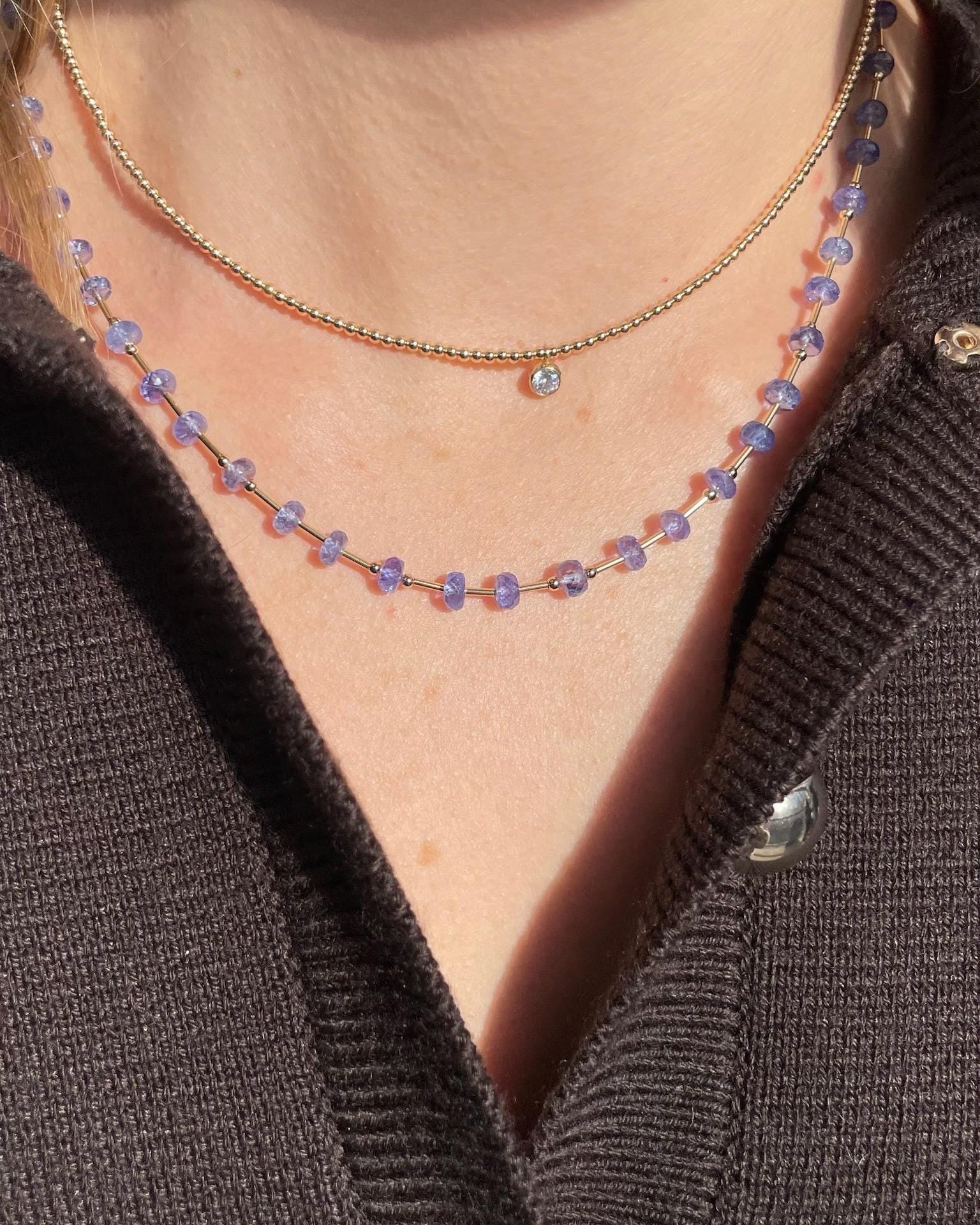 Tanzanite and Gold Bar Beaded Necklace Hannah May Jewelry