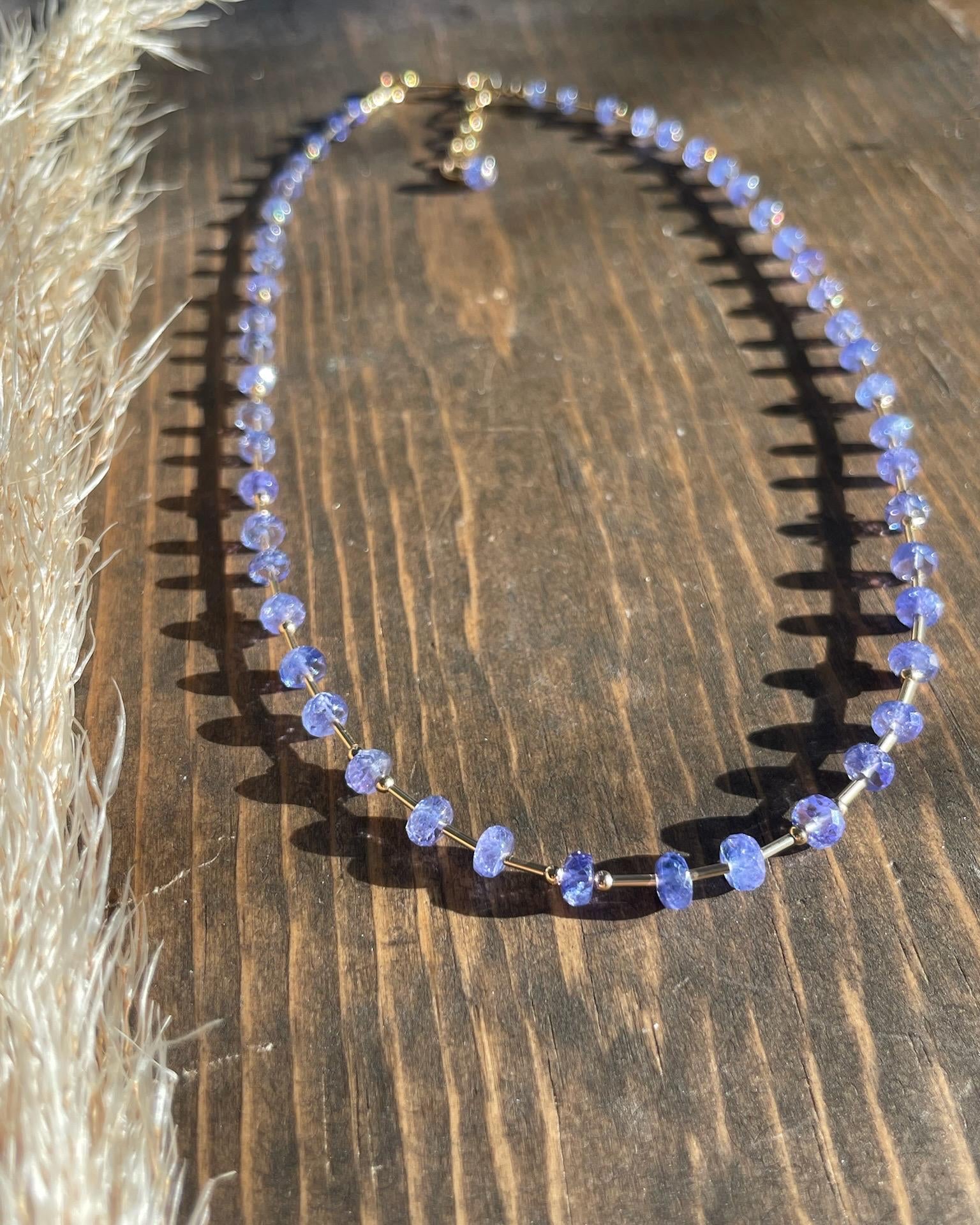 Tanzanite and Gold Bar Beaded Necklace Hannah May Jewelry