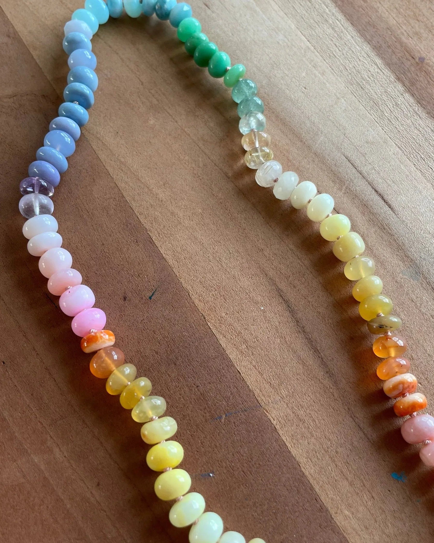 Rainbow Necklace Hand Knotted on Silk, 14k Gold Clasp Hannah May