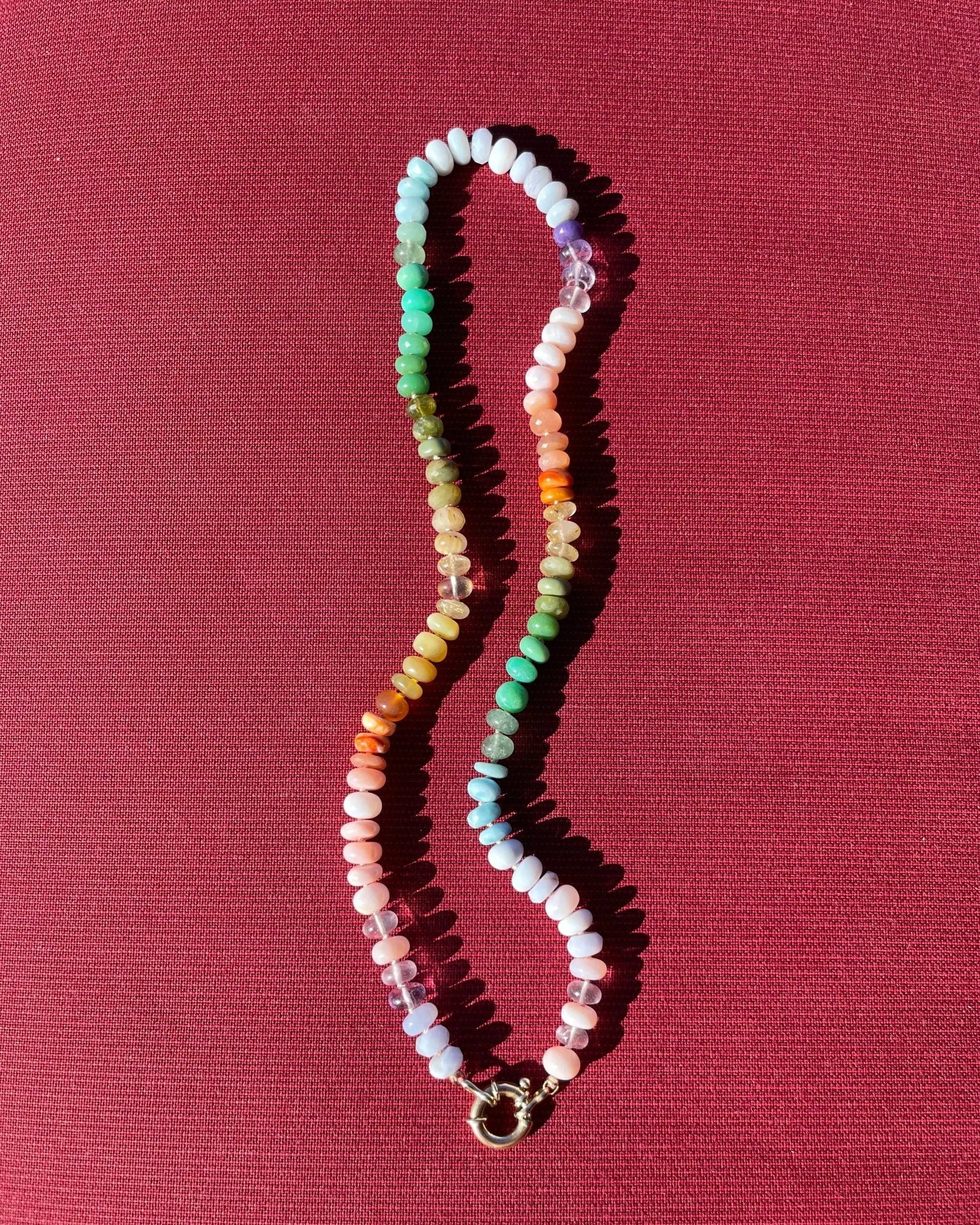 Rainbow Necklace Hand Knotted on Silk, 14k Gold Clasp Hannah May